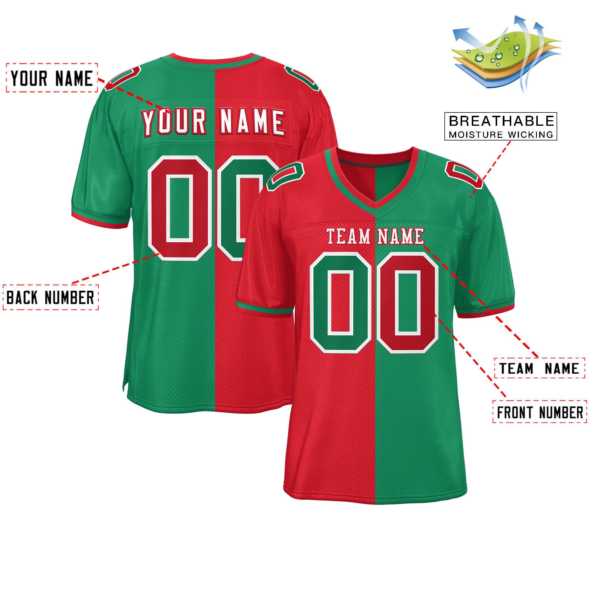 Custom Red Kelly Green Personalized Split Two Tone Design Authentic Football Jersey