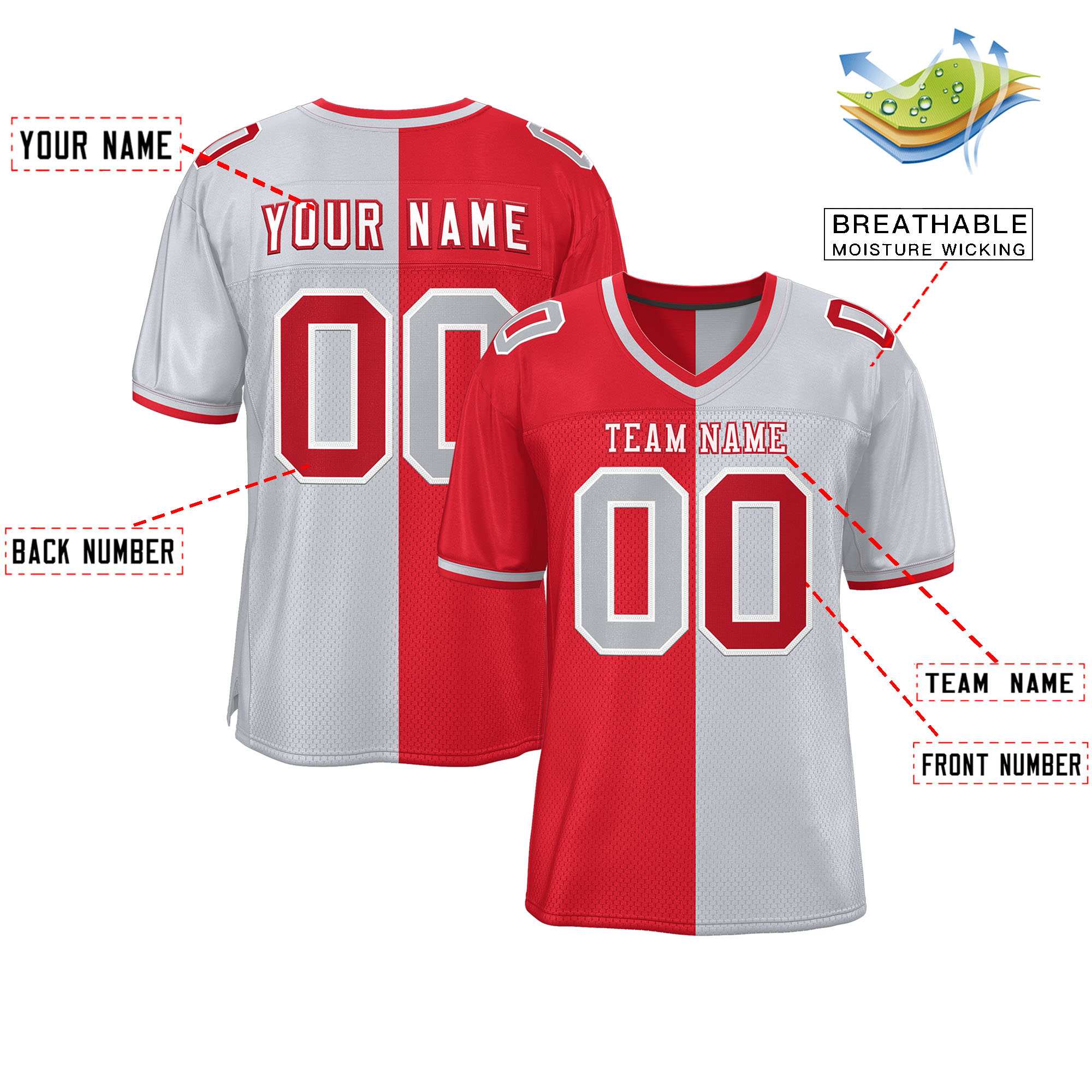 Custom Red Silver Personalized Split Two Tone Design Authentic Football Jersey