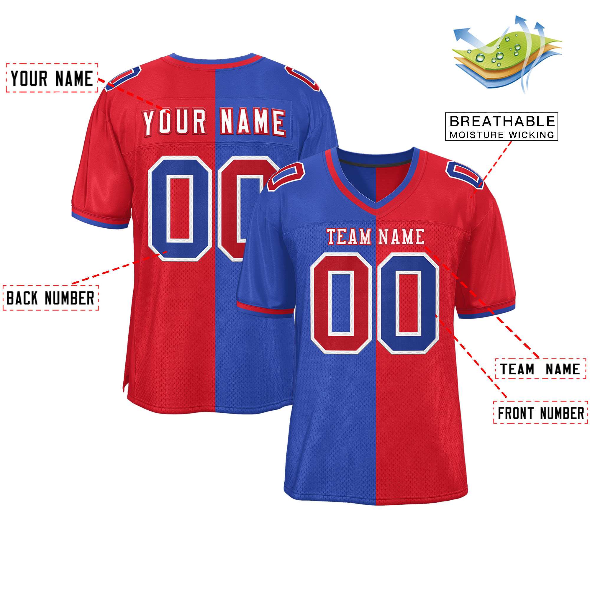 Custom Royal Red Personalized Split Two Tone Design Authentic Football Jersey