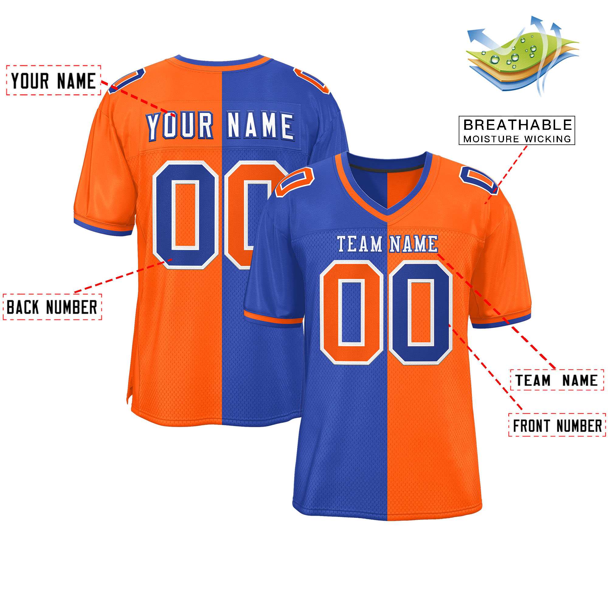 Custom Royal Orange Personalized Split Two Tone Design Authentic Football Jersey