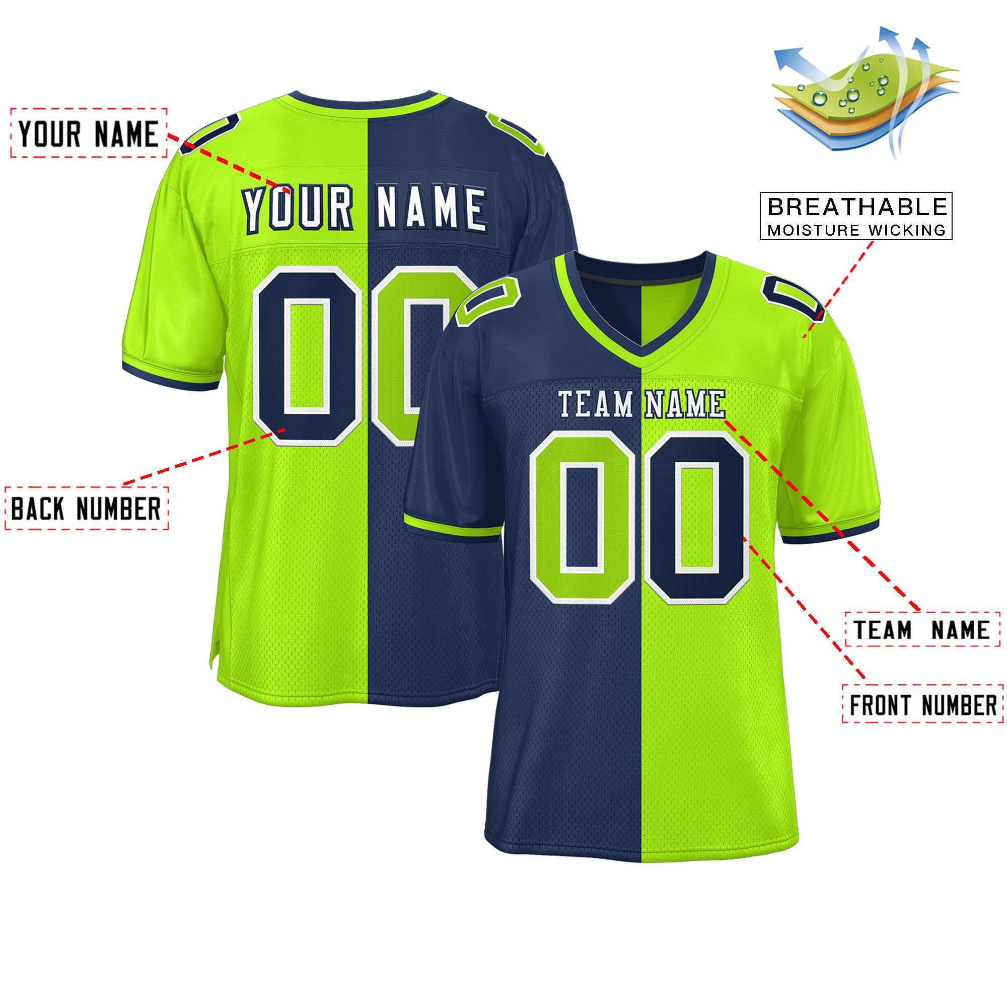 Custom Navy Neon Green Personalized Split Two Tone Design Authentic Football Jersey