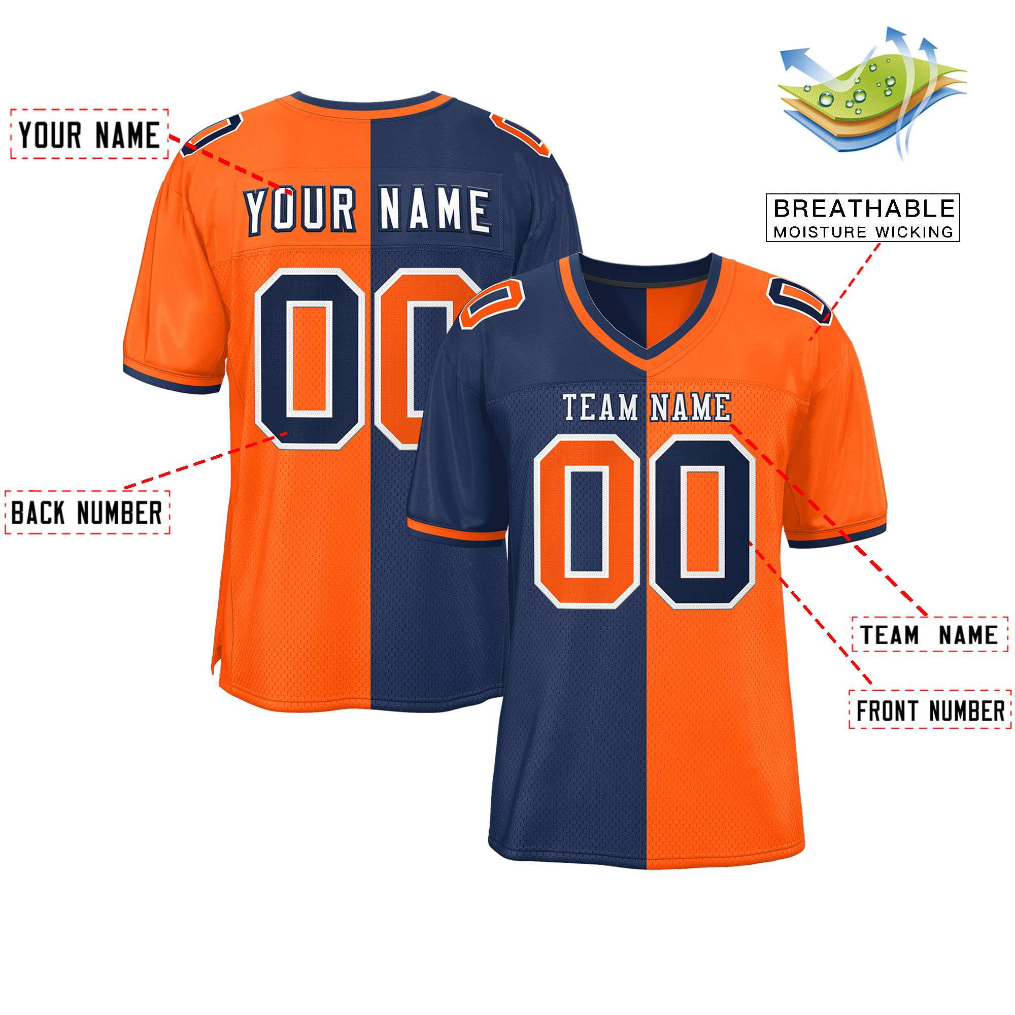 Custom Navy Orange Personalized Split Two Tone Design Authentic Football Jersey