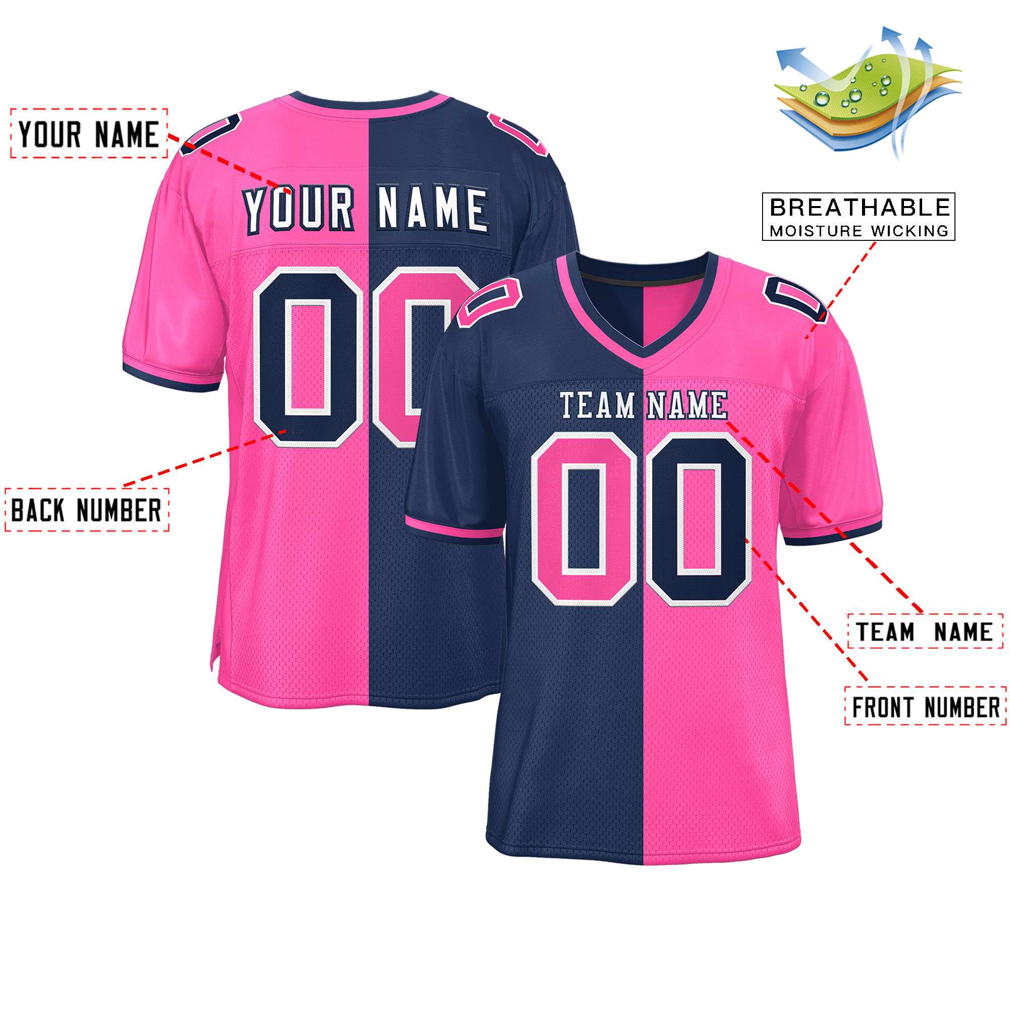 Custom Navy Pink Personalized Split Two Tone Design Authentic Football Jersey