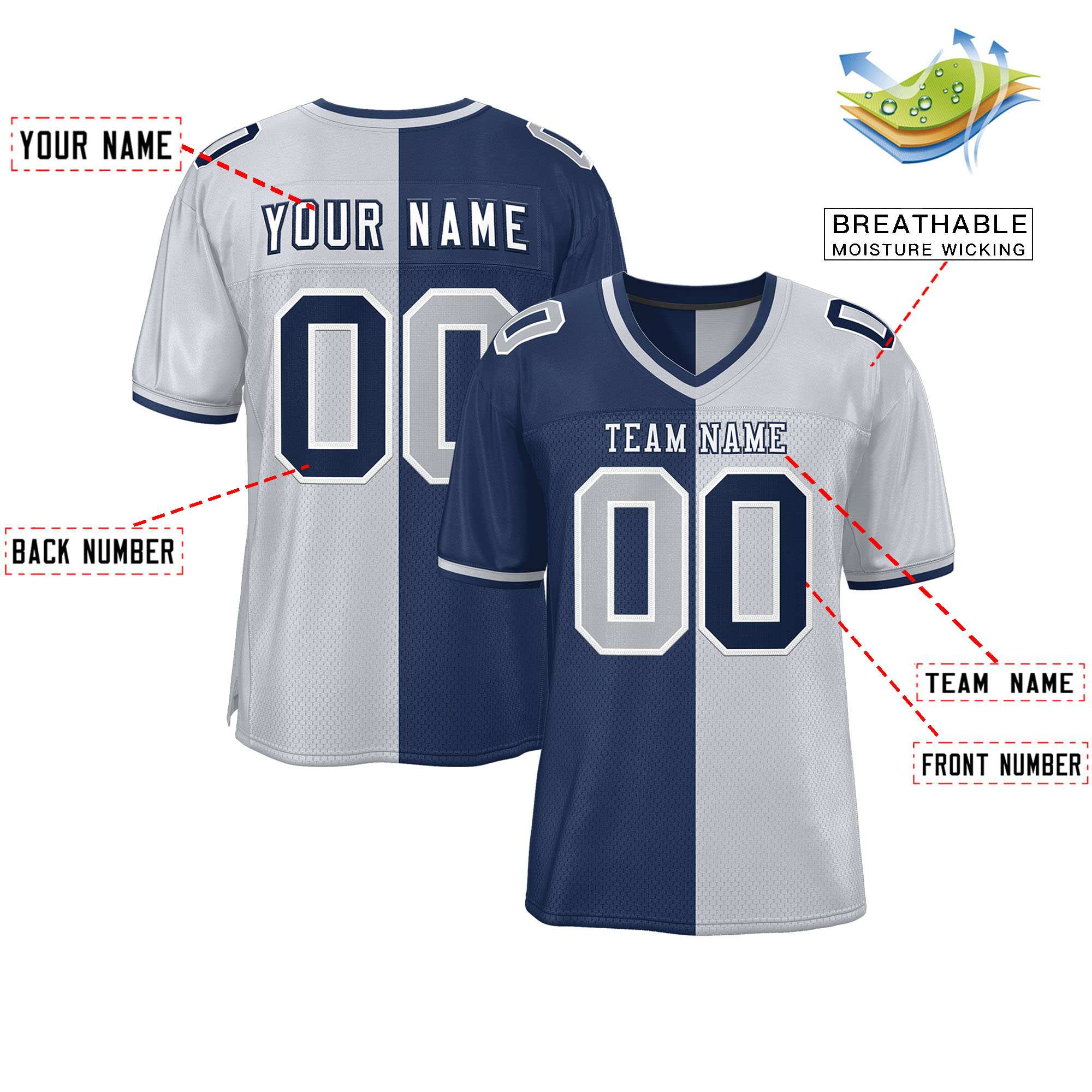 Custom Navy Silver Personalized Split Two Tone Design Authentic Football Jersey