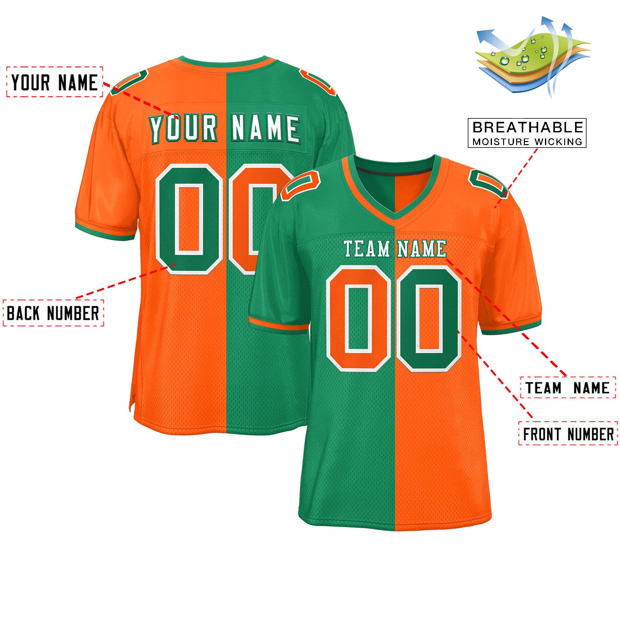 Custom Kelly Green Orange Personalized Split Two Tone Design Authentic Football Jersey