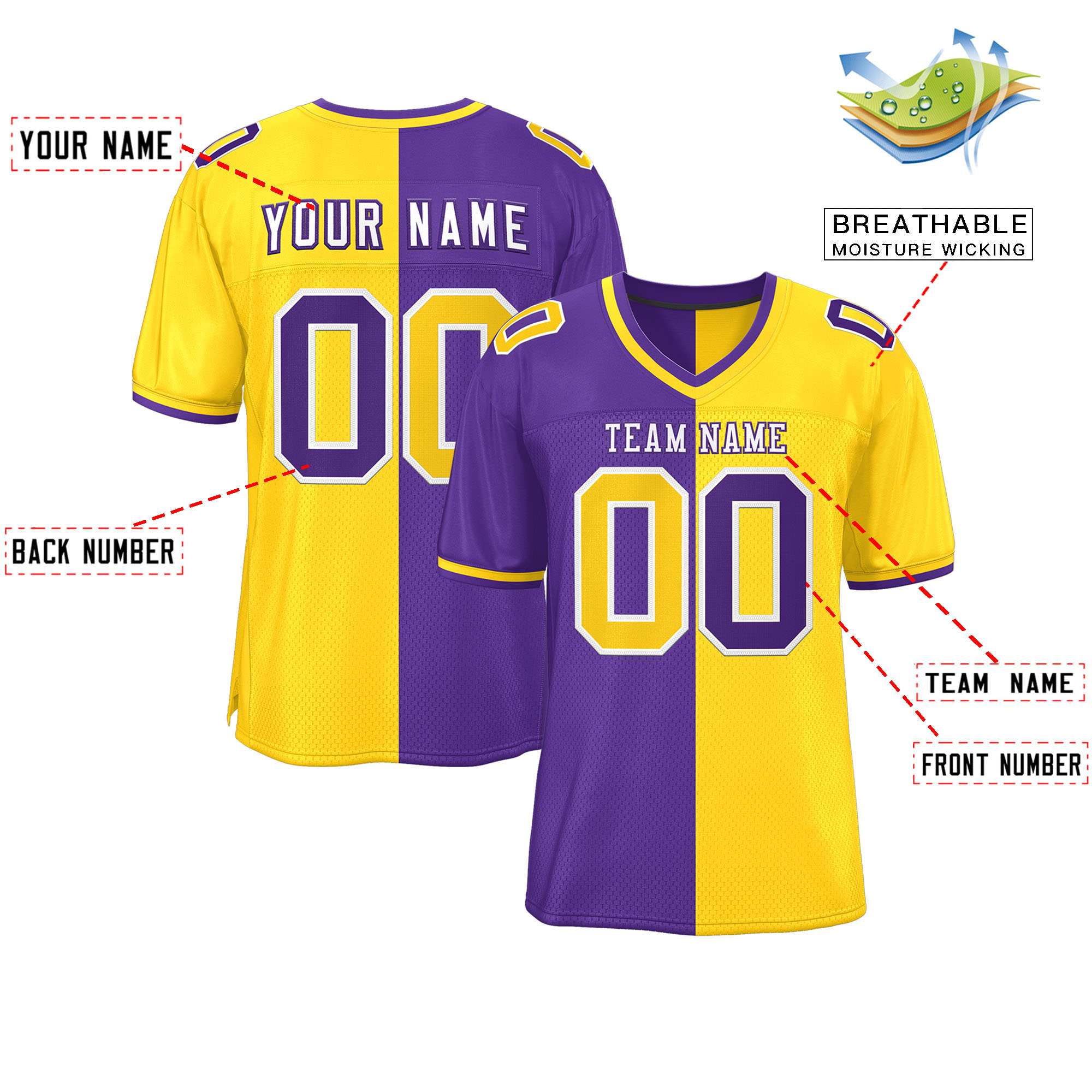 Custom Purple Gold Personalized Split Two Tone Design Authentic Football Jersey