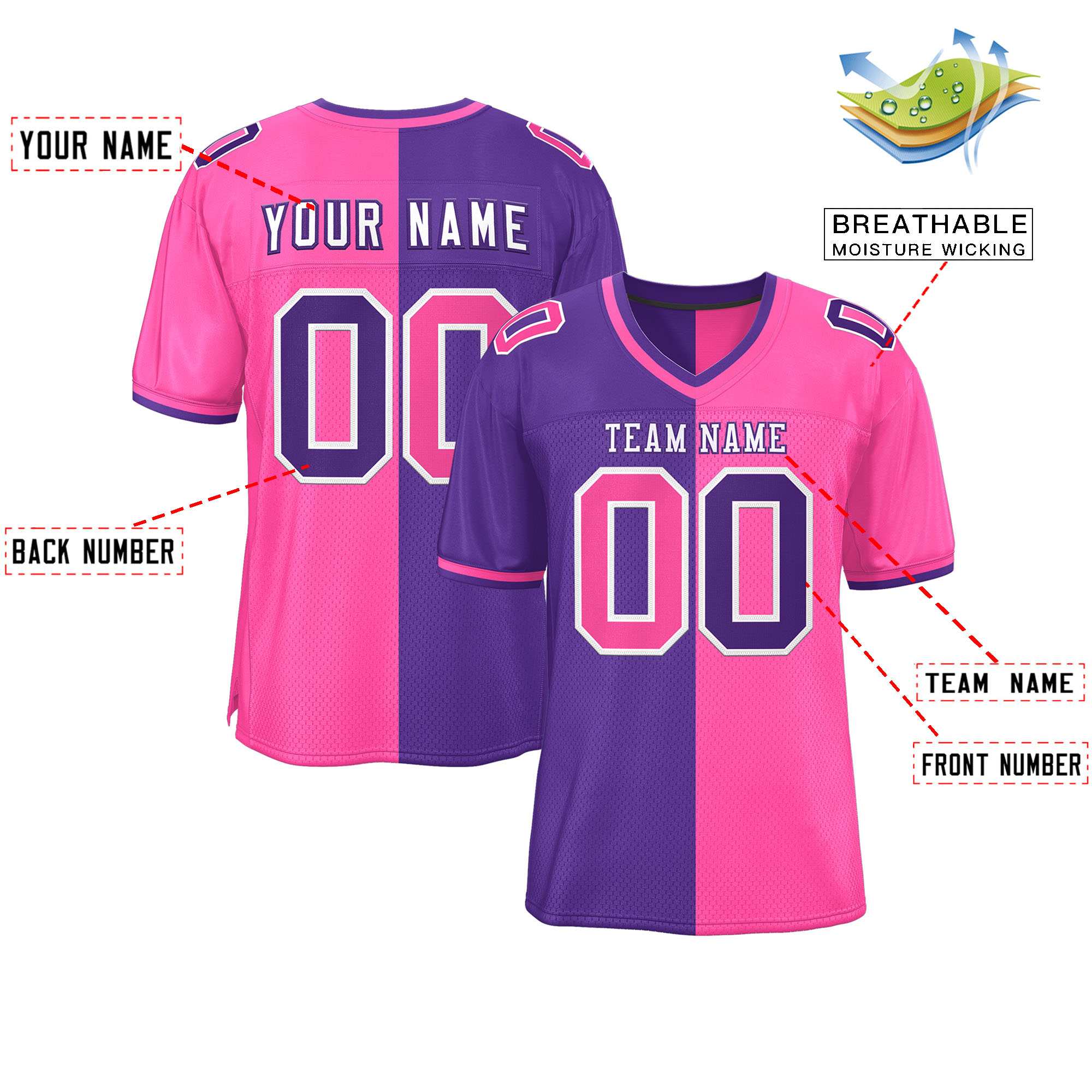 Custom Purple Pink Personalized Split Two Tone Design Authentic Football Jersey