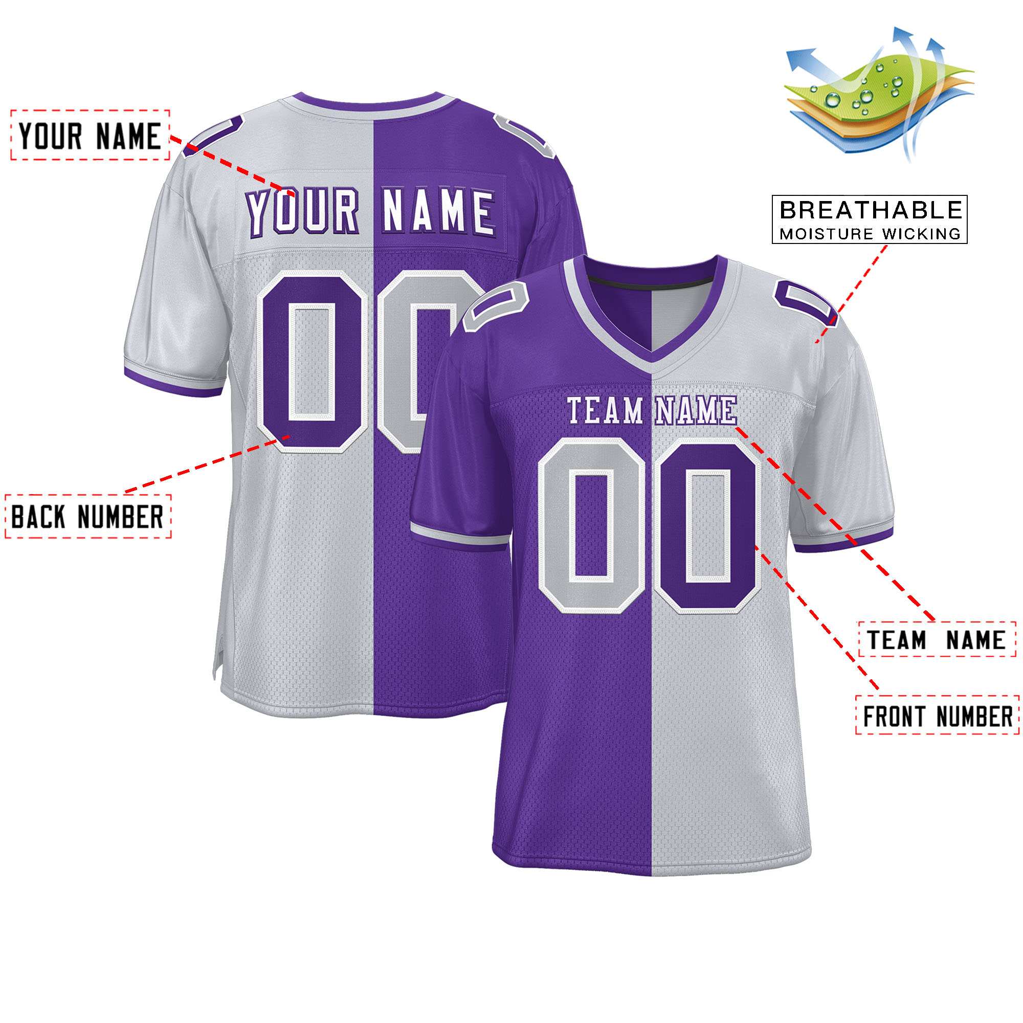 Custom Purple Silver Personalized Split Two Tone Design Authentic Football Jersey