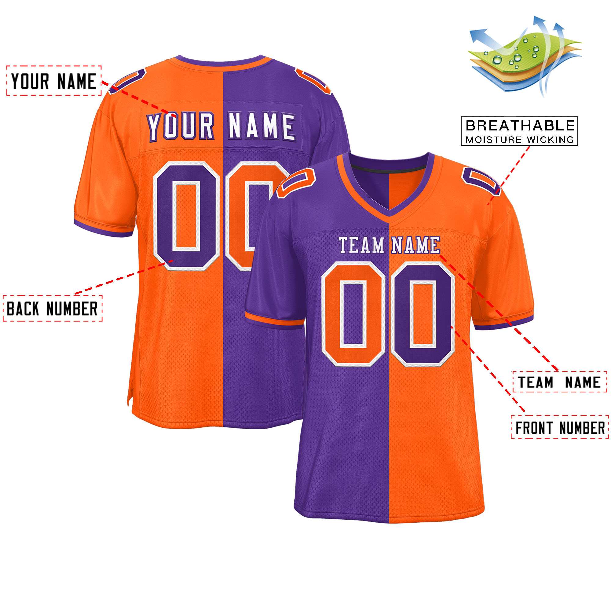 Custom Purple Orange Personalized Split Two Tone Design Authentic Football Jersey