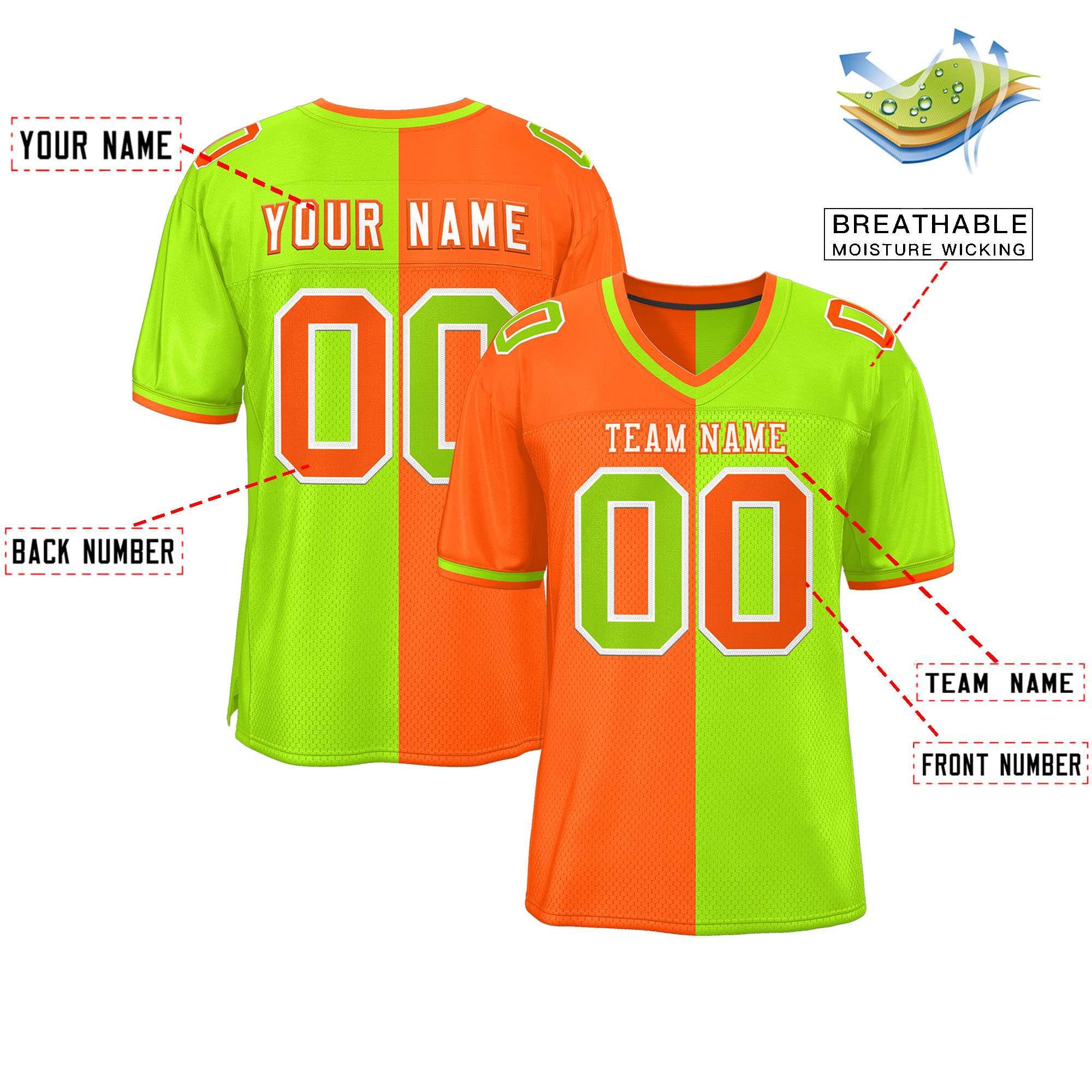 Custom Orange Neon Green Personalized Split Two Tone Design Authentic Football Jersey