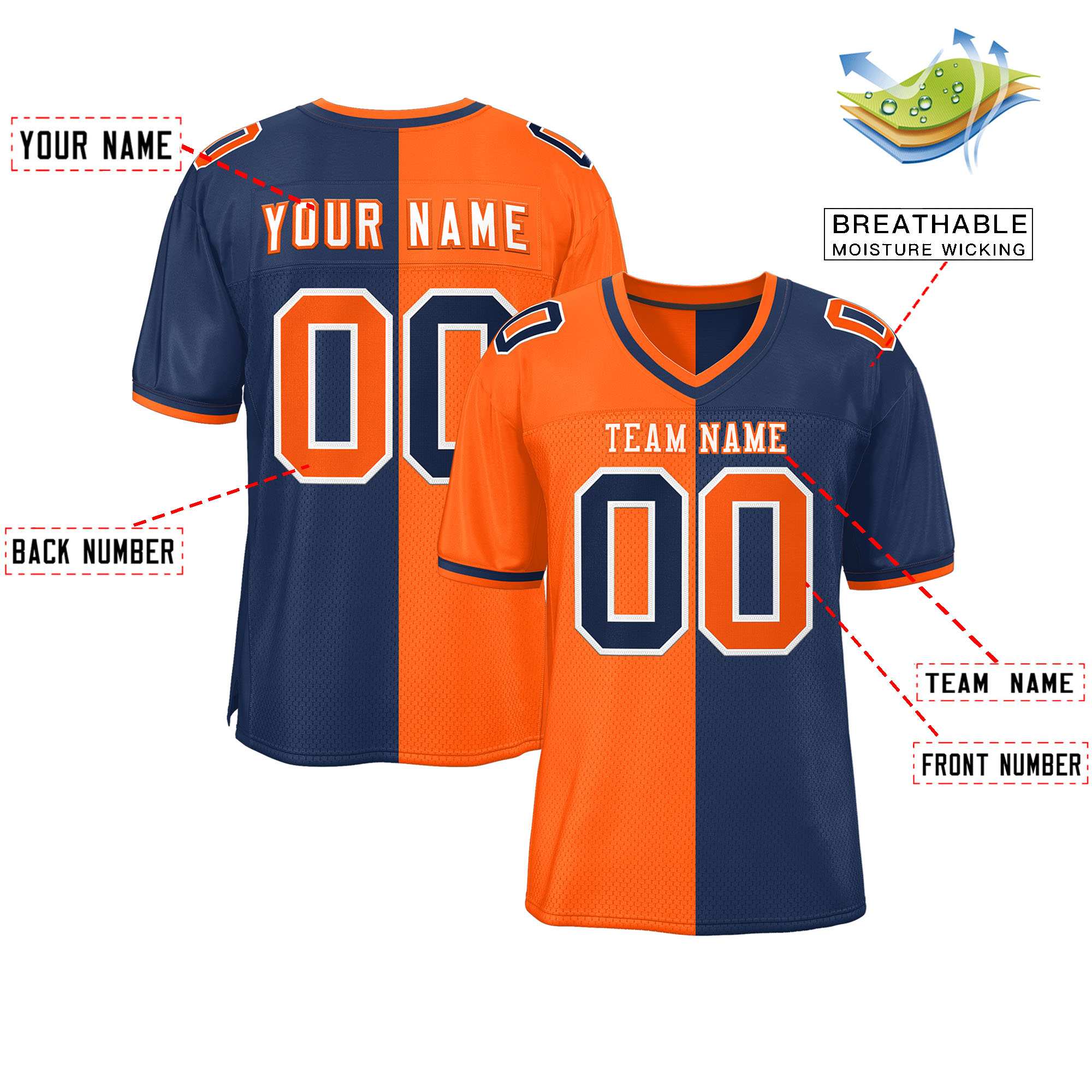 Custom Orange Navy Personalized Split Two Tone Design Authentic Football Jersey