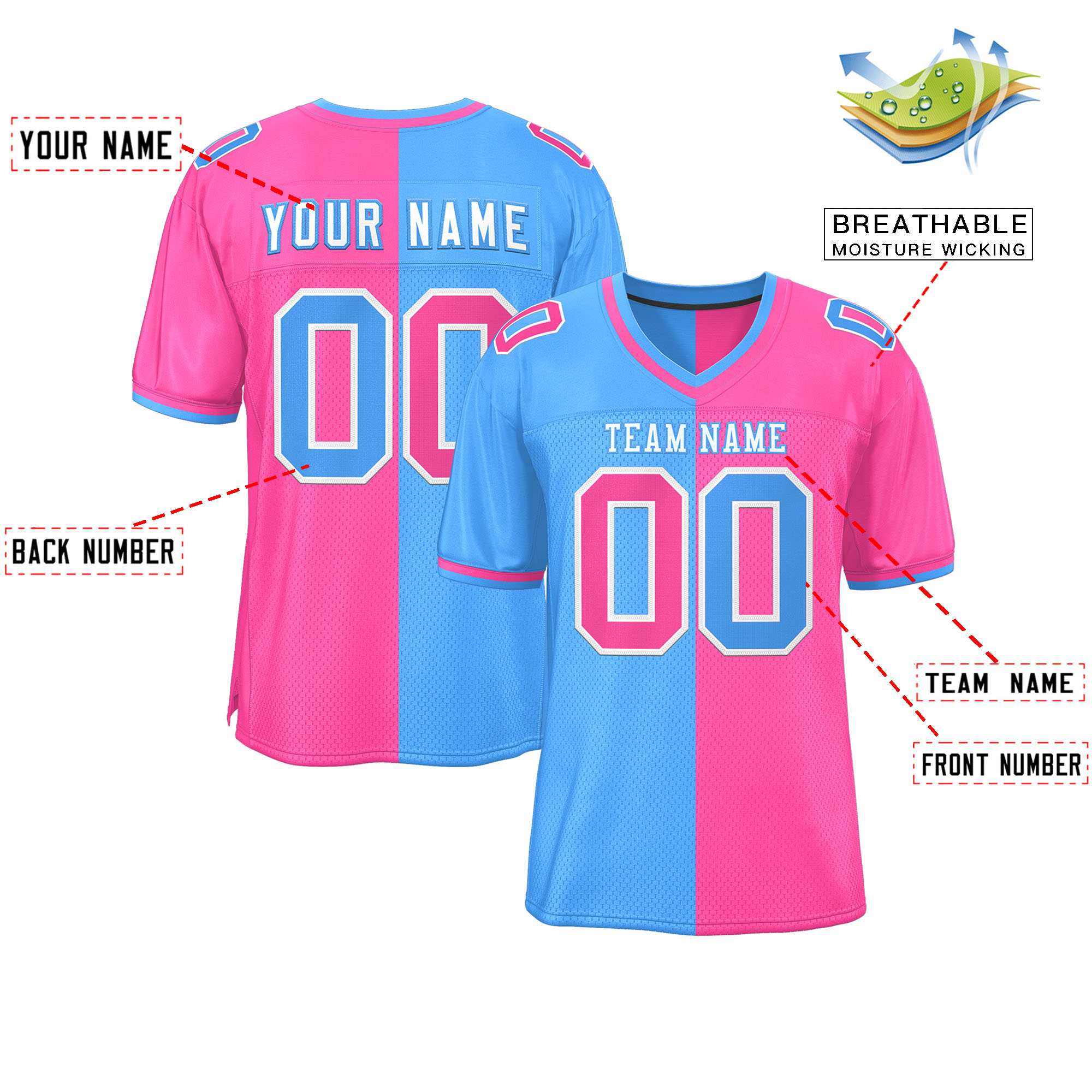 Custom Powder Blue Pink Personalized Split Two Tone Design Authentic Football Jersey