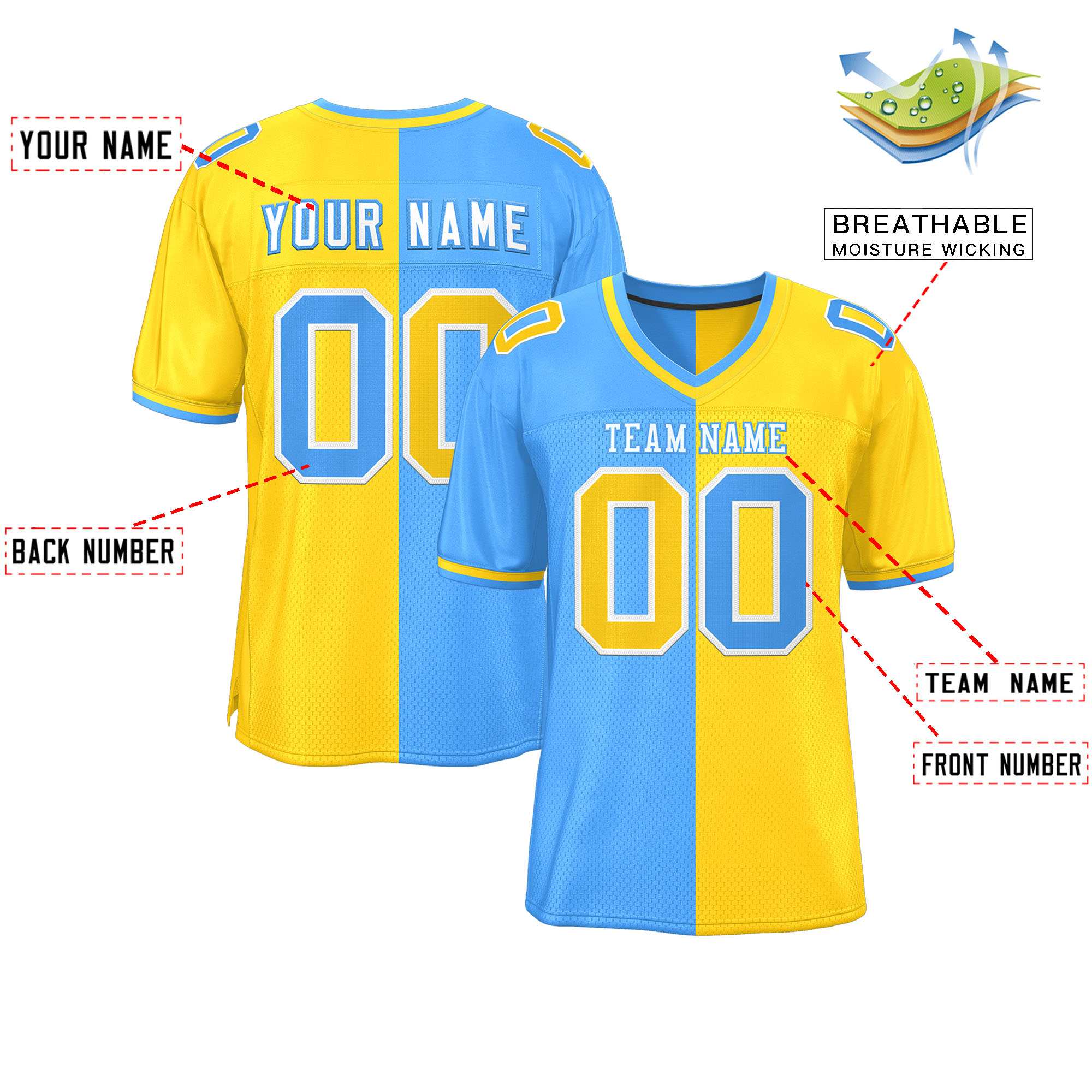 Custom Powder Blue Gold Personalized Split Two Tone Design Authentic Football Jersey