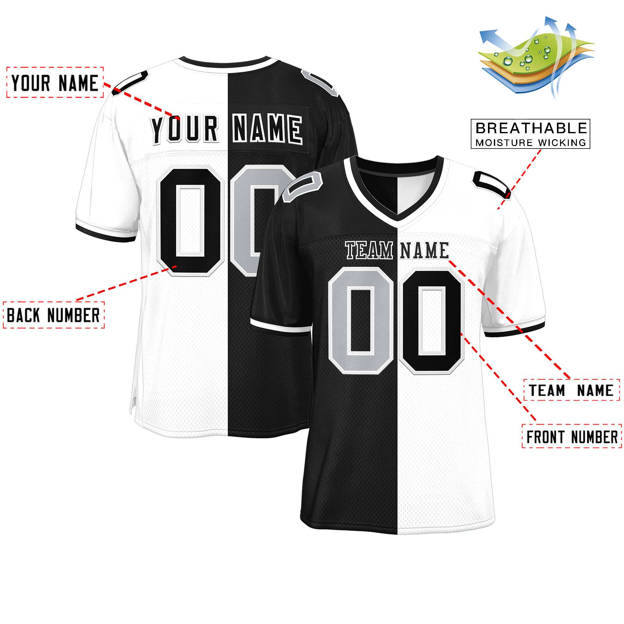 Custom Black White Personalized Split Two Tone Design Authentic Football Jersey