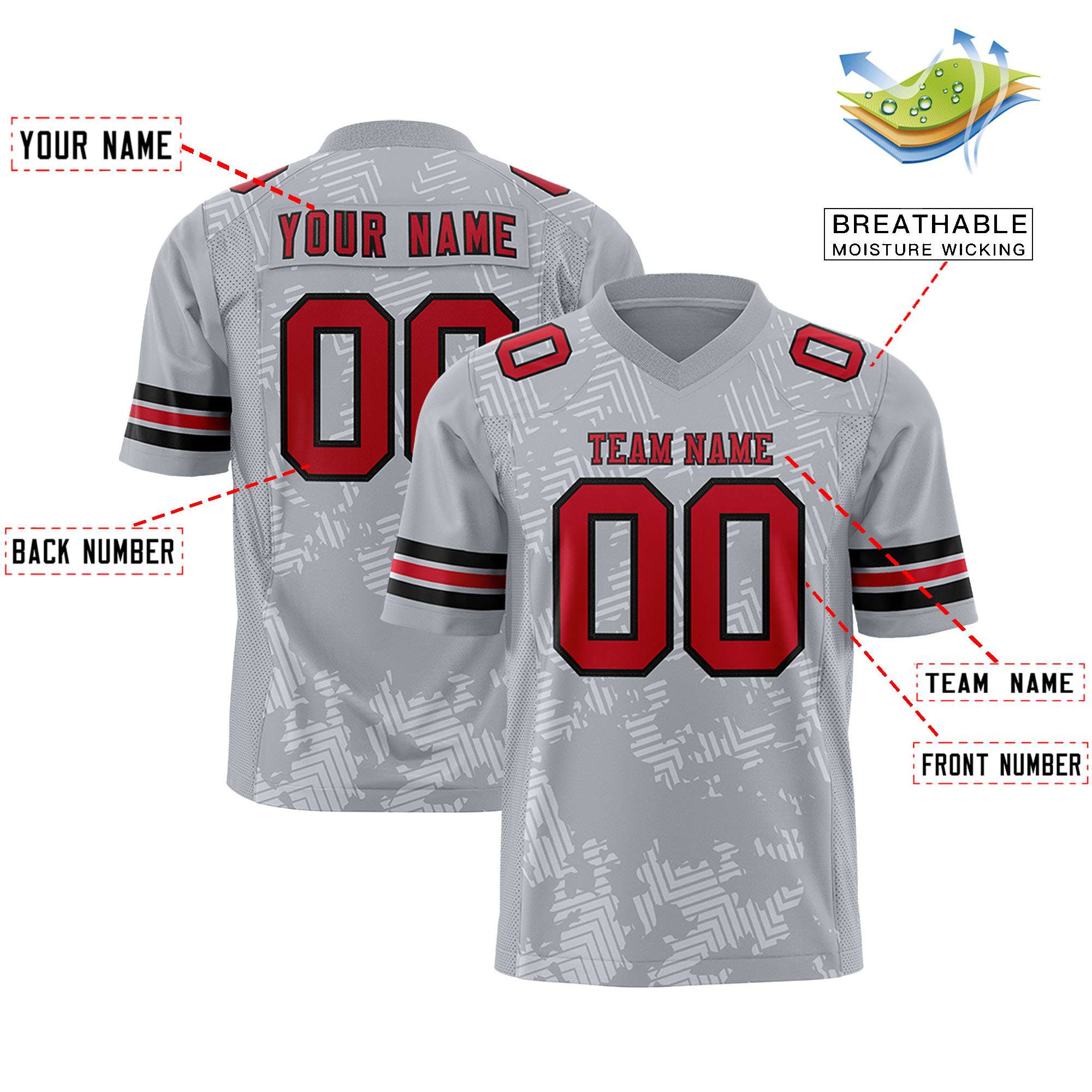 Custom Gray Red-Black Personalized Graffiti Line Design Authentic Football Jersey