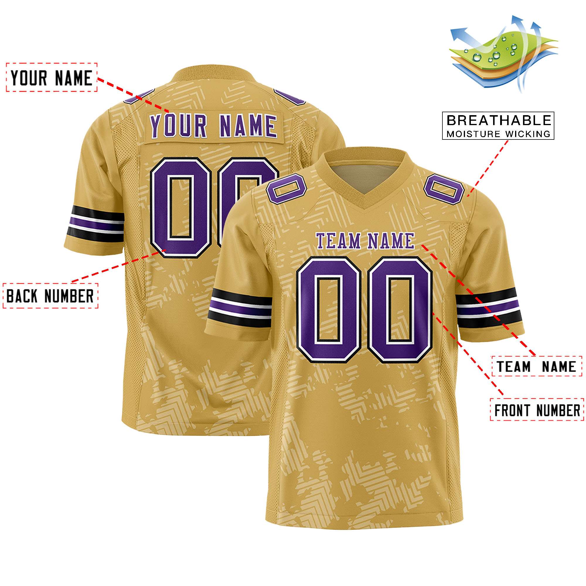 Custom Old Gold Purple-White Personalized Graffiti Line Design Authentic Football Jersey