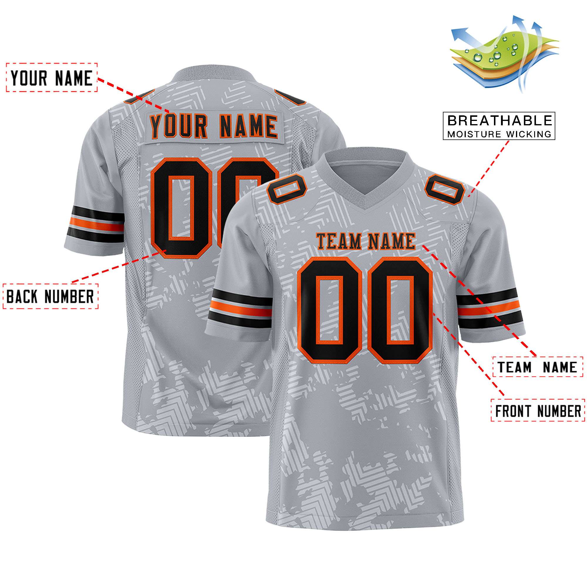 Custom Gray Black-Orange Personalized Graffiti Line Design Authentic Football Jersey