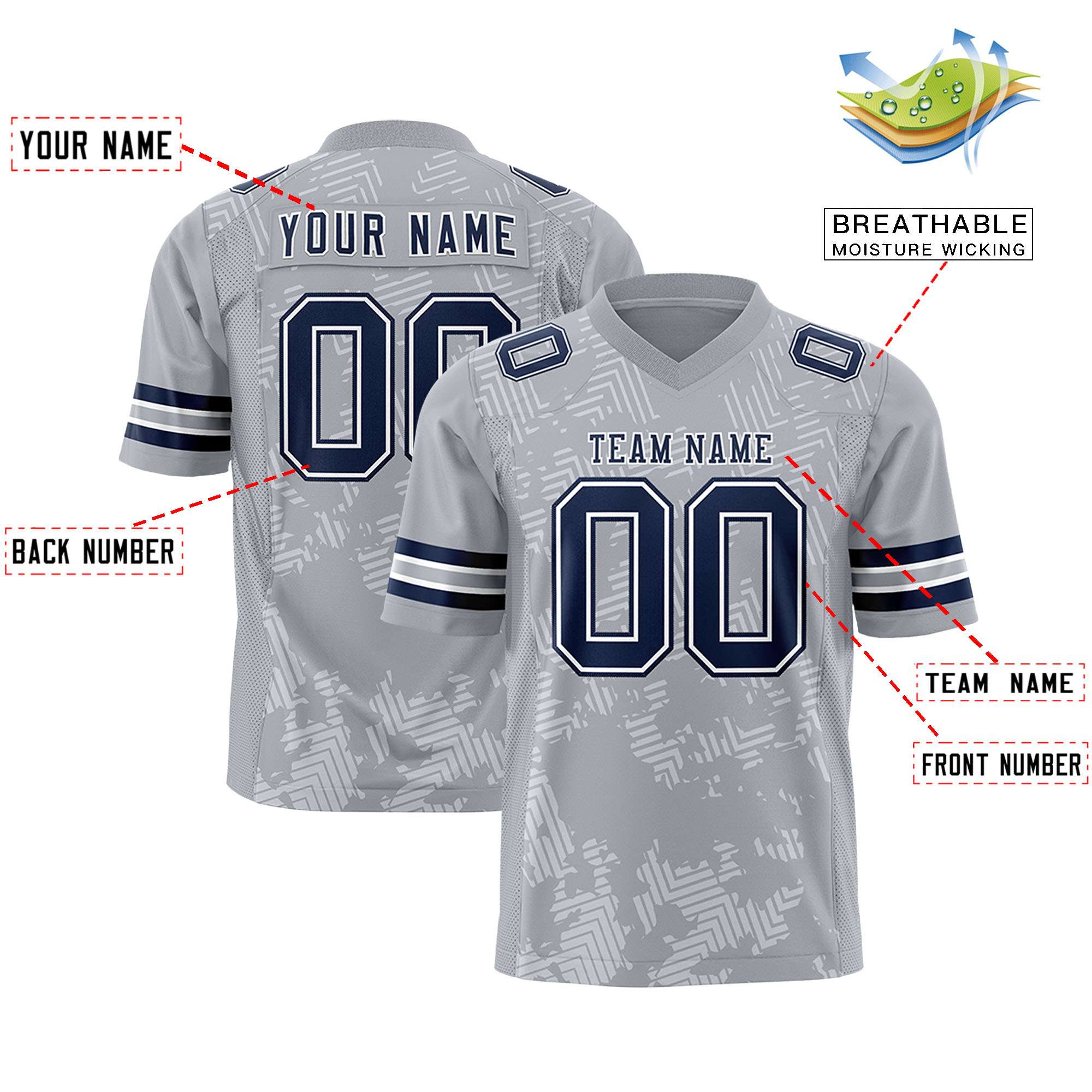 Custom Gray Navy-White Personalized Graffiti Line Design Authentic Football Jersey