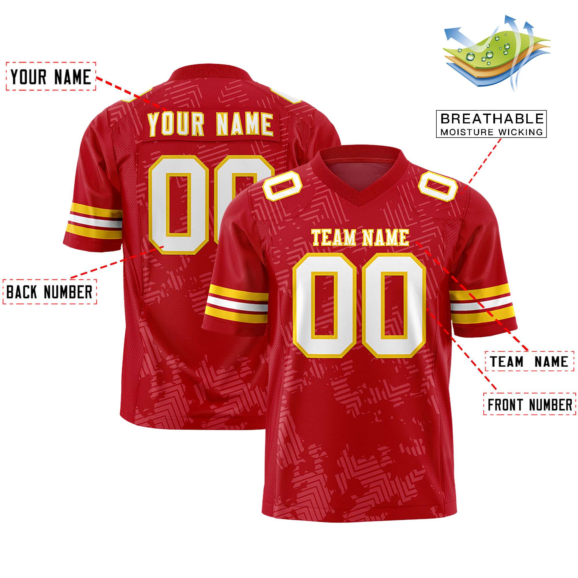 Custom Red White-Gold Personalized Graffiti Line Design Authentic Football Jersey