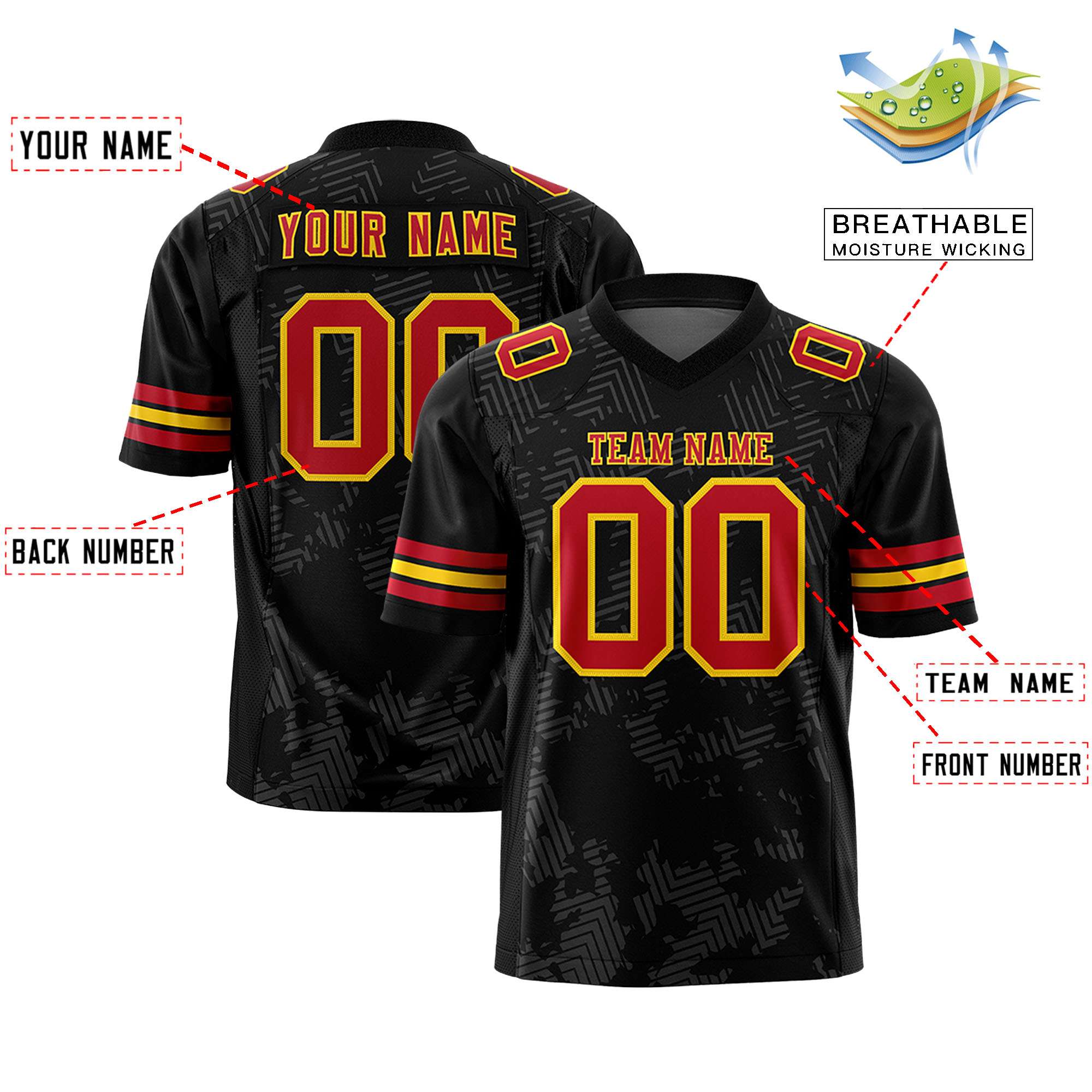 Custom Black Red-Gold Personalized Graffiti Line Design Authentic Football Jersey