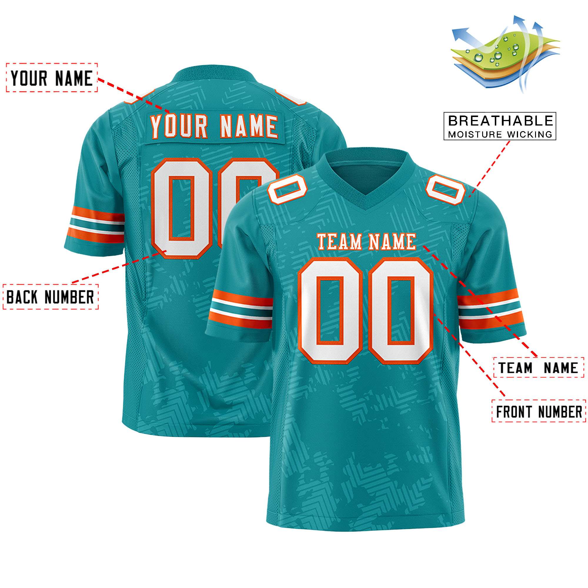 Custom Aqua White-Orange Personalized Graffiti Line Design Authentic Football Jersey