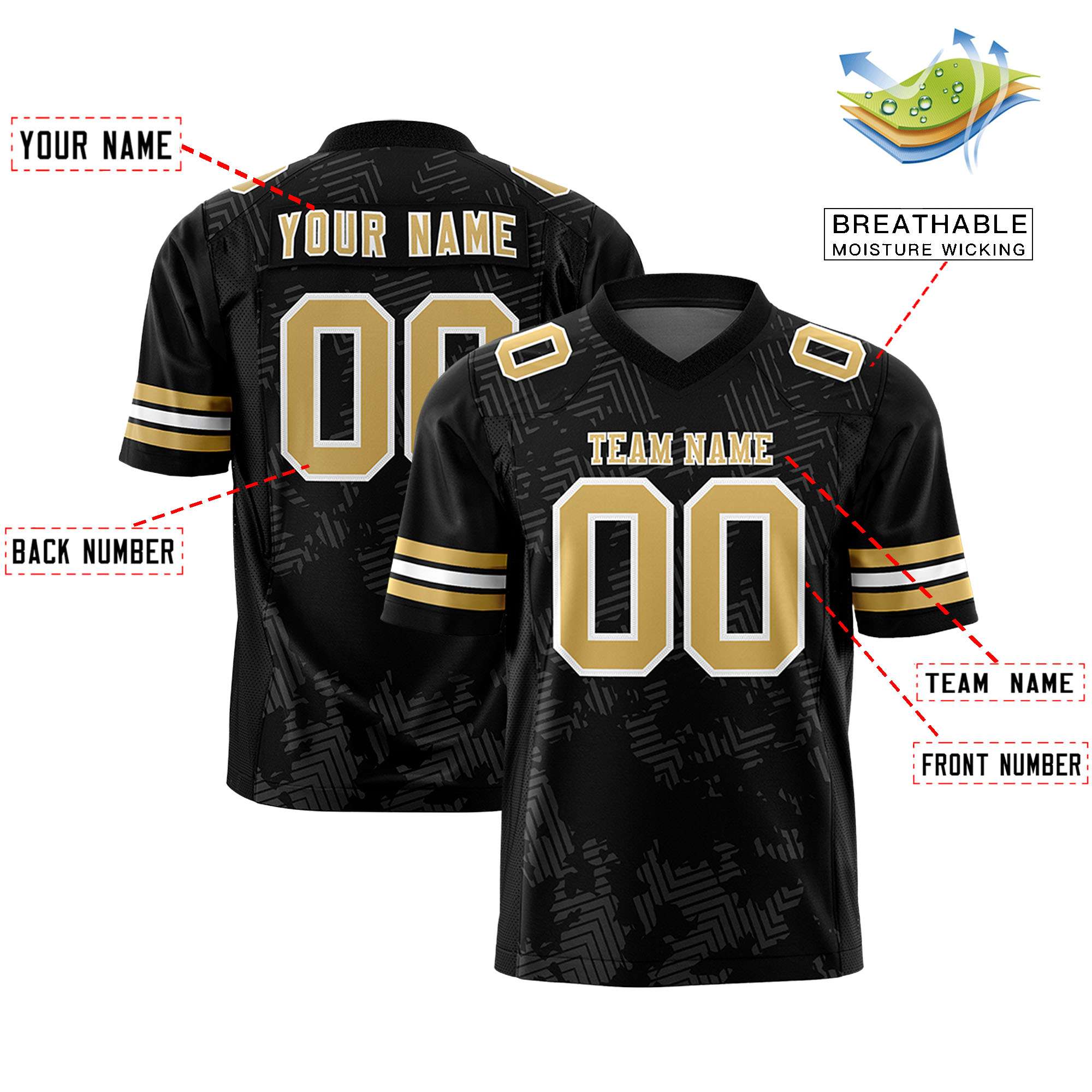 Custom Black Old Gold-White Personalized Graffiti Line Design Authentic Football Jersey