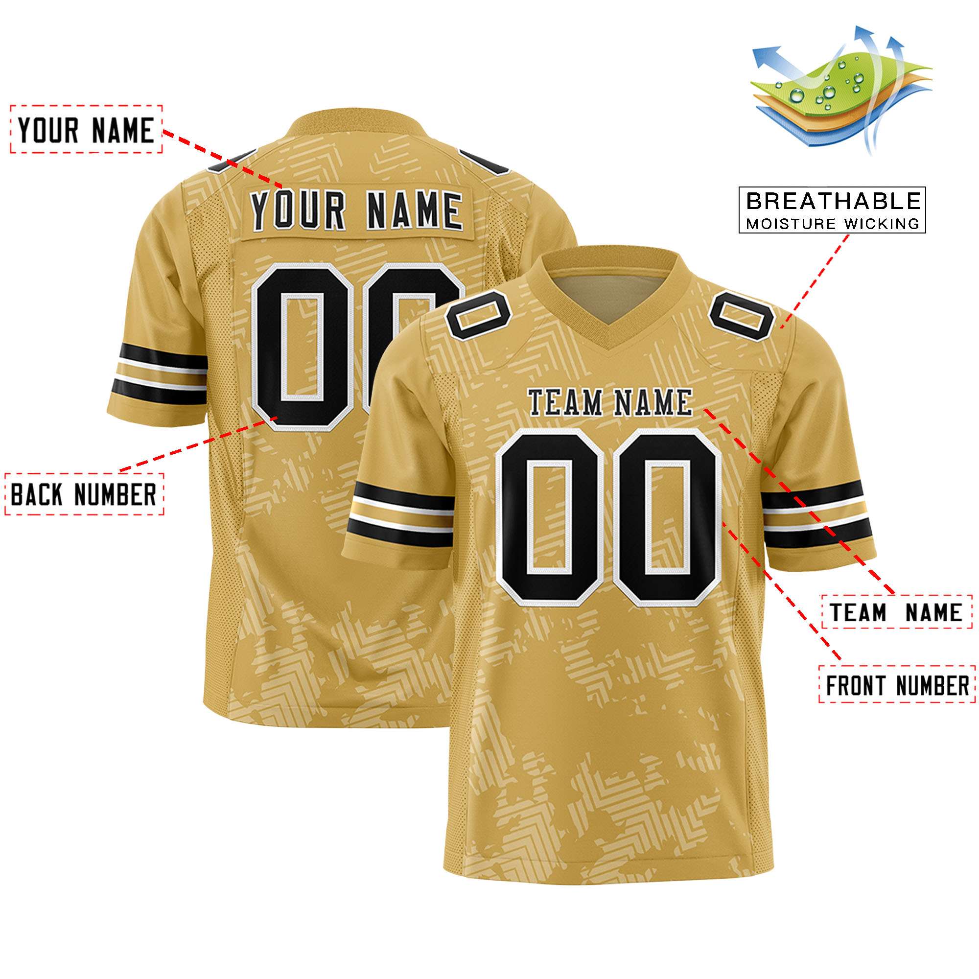 Custom Old Gold Black-White Personalized Graffiti Line Design Authentic Football Jersey