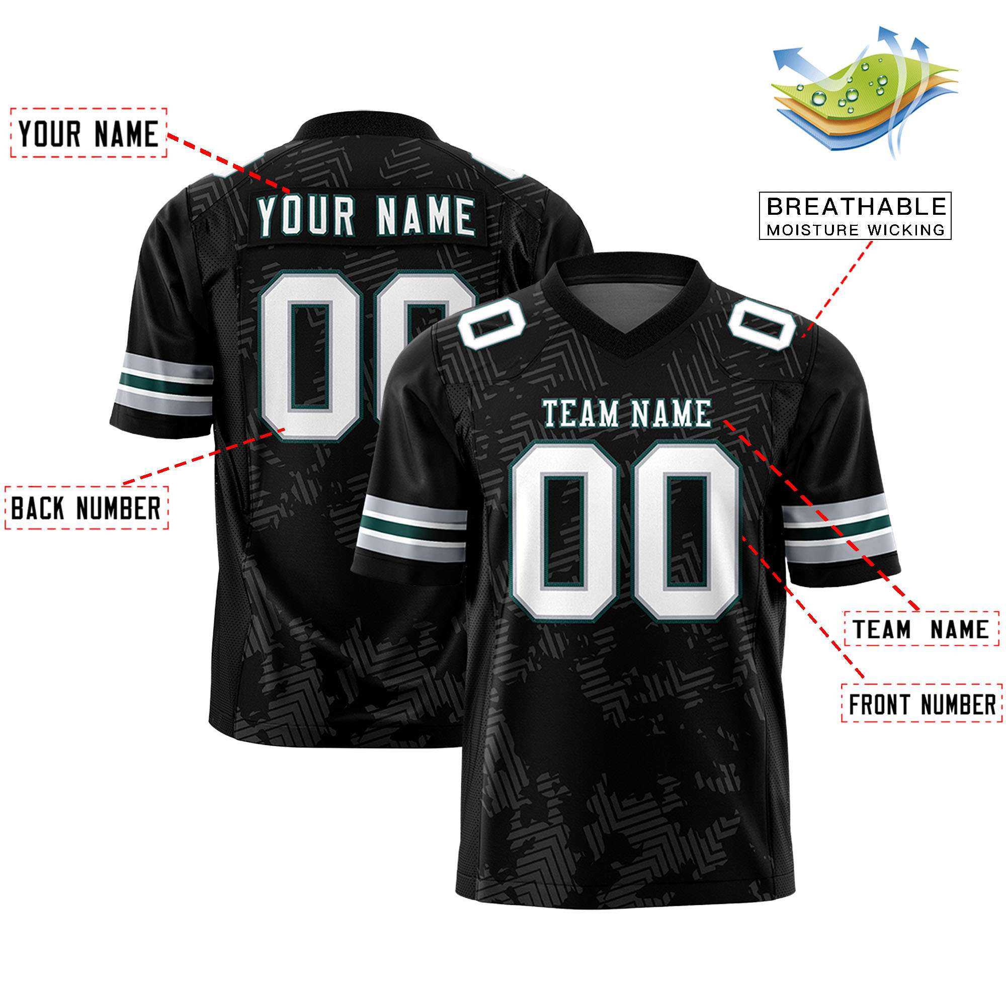 Custom Black White-Green Personalized Graffiti Line Design Authentic Football Jersey