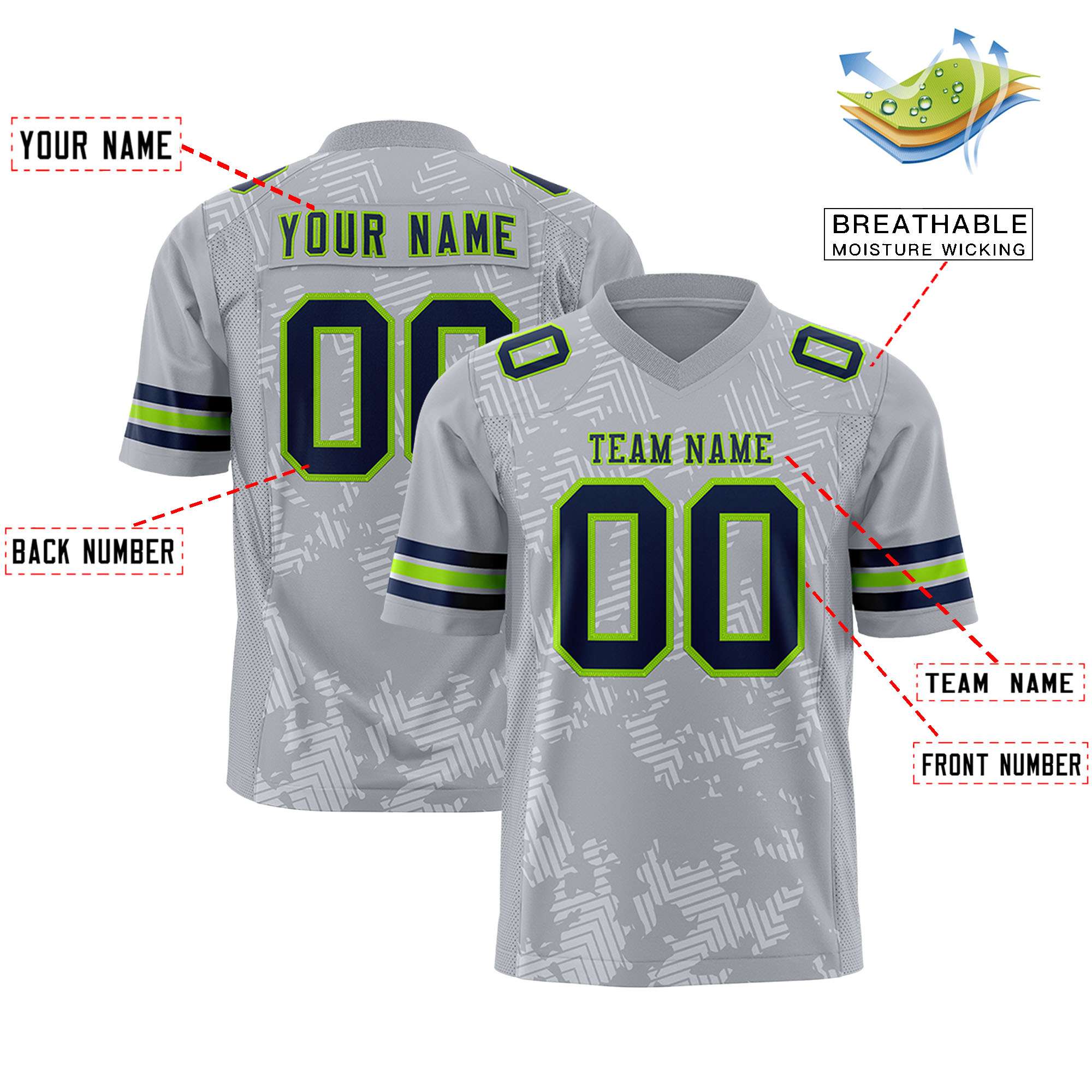 Custom Gray Navy-Neon Green Personalized Graffiti Line Design Authentic Football Jersey