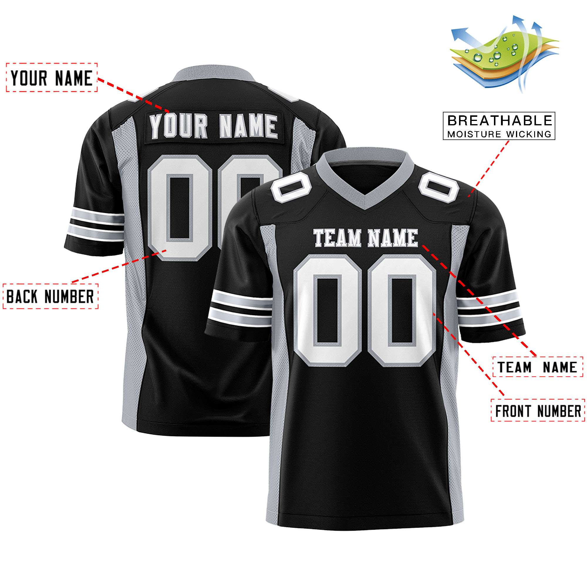 Custom Black Gray Personalized Insert Color Design Authentic Football Jersey