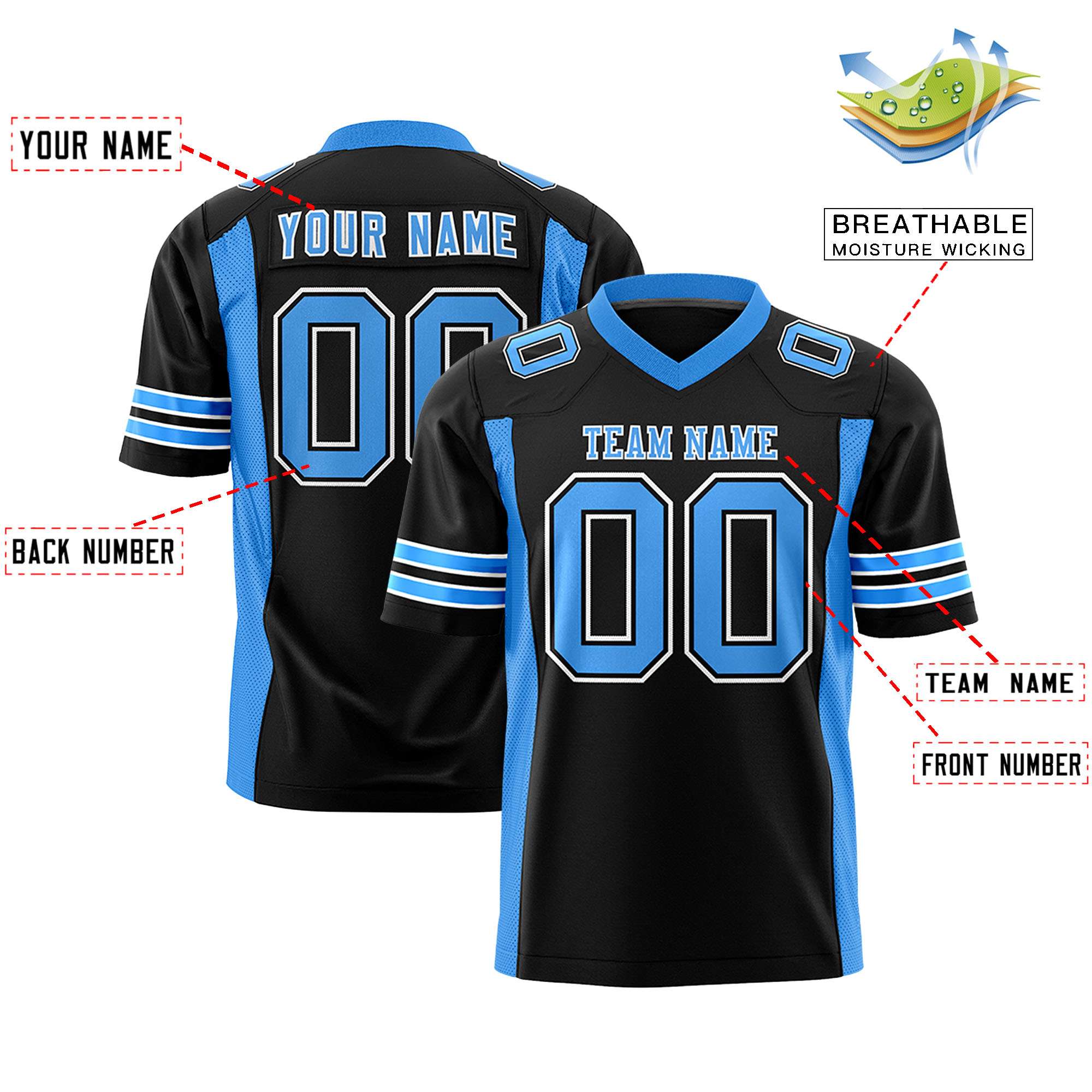 Custom Black Powder Blue Personalized Insert Color Design Authentic Football Jersey