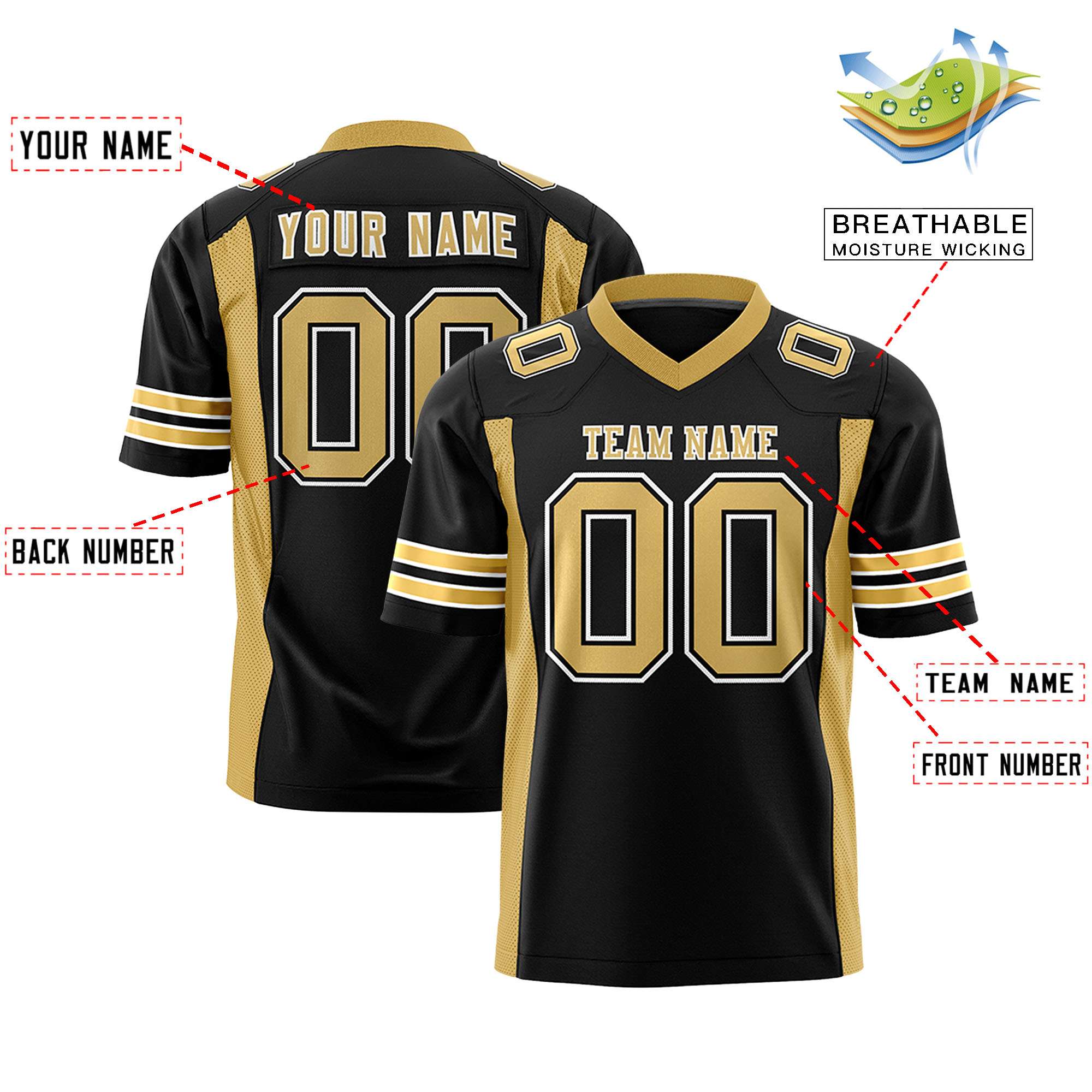 Custom Black Old Gold Personalized Insert Color Design Authentic Football Jersey