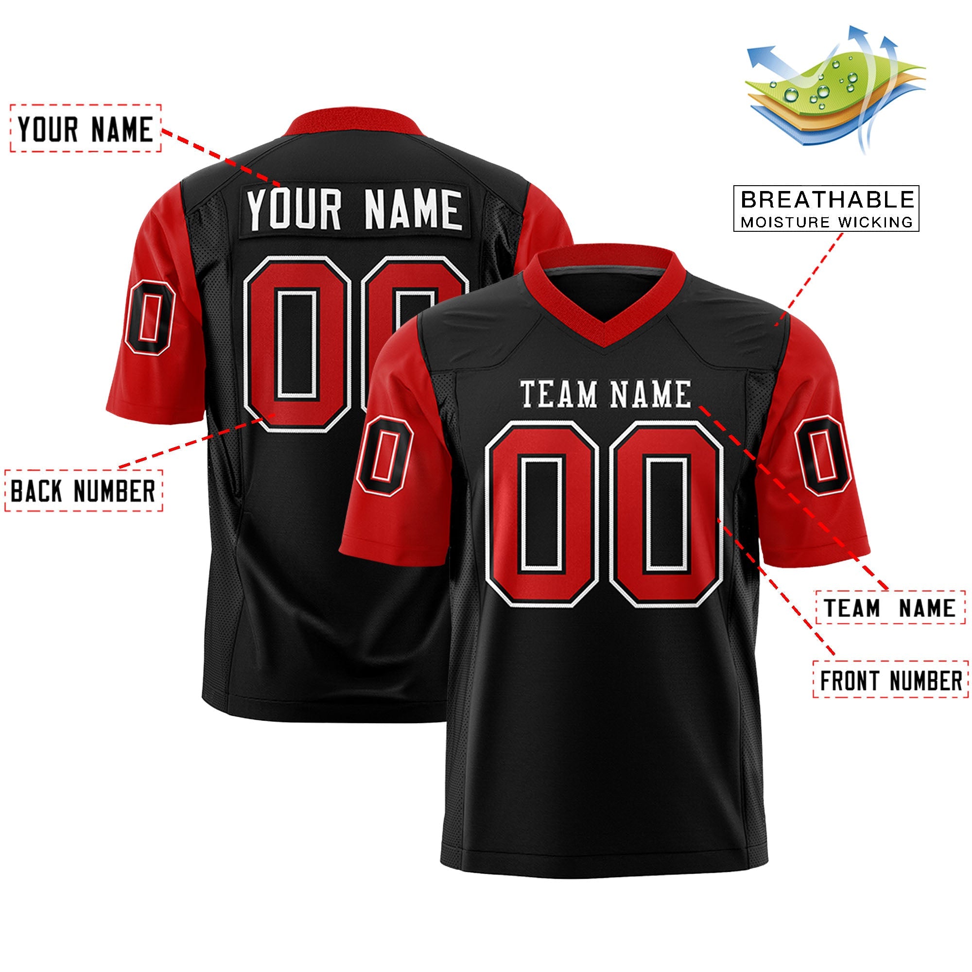 Custom Black Red Personalized Raglan Sleeves Design Authentic Football Jersey