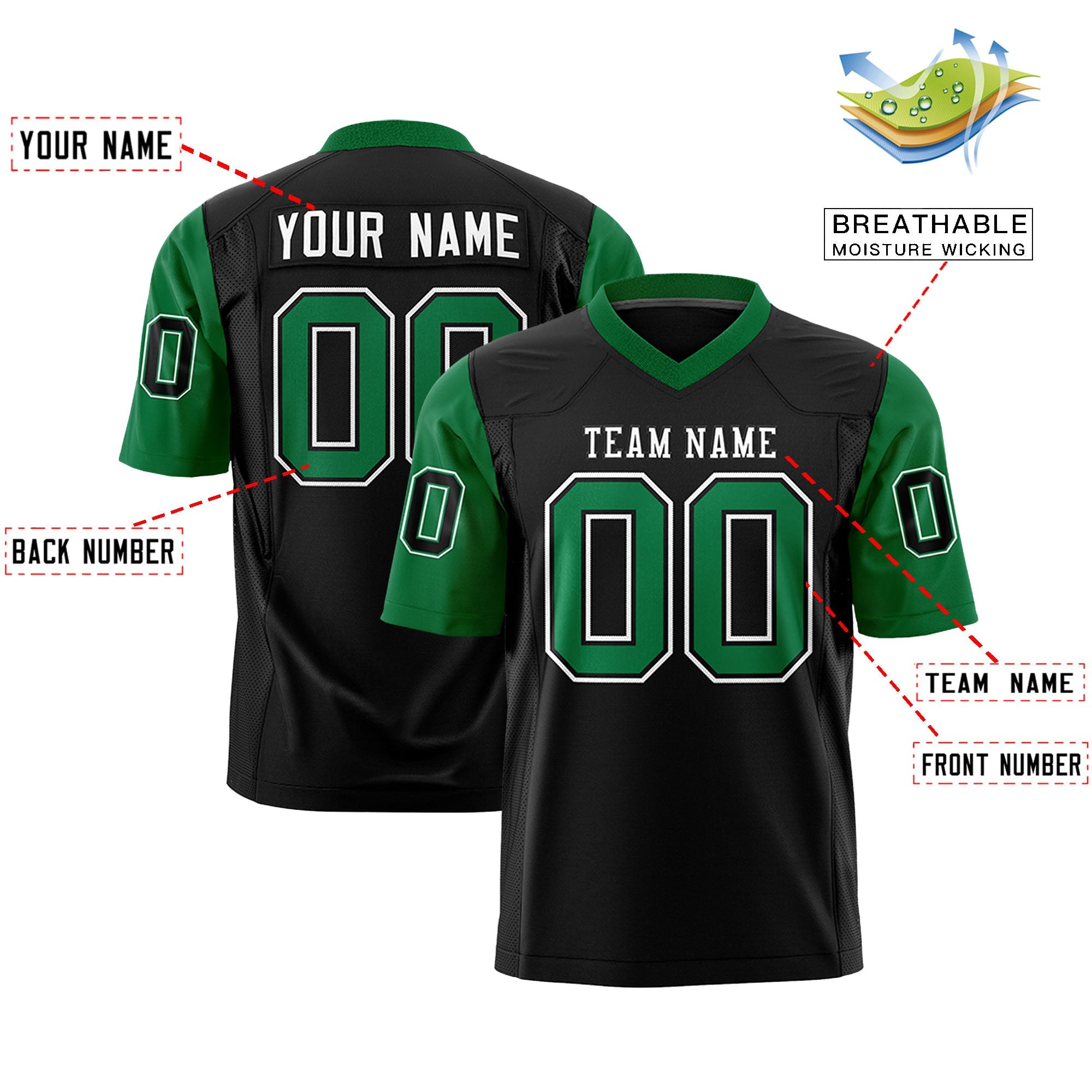 Custom Black Kelly Green Personalized Raglan Sleeves Design Authentic Football Jersey