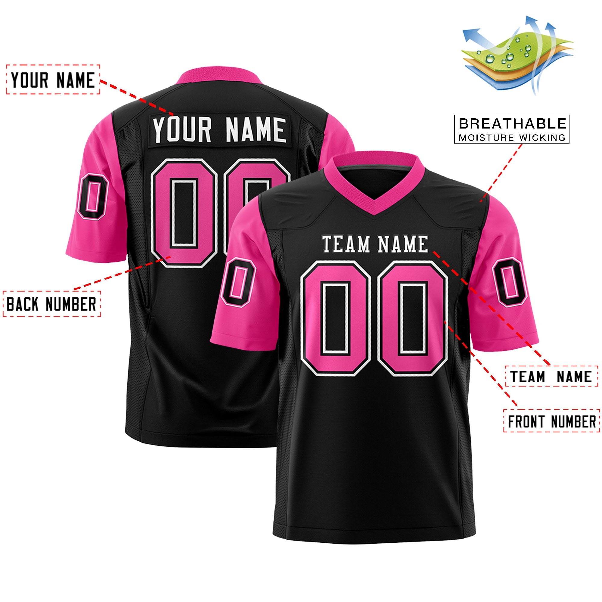 Custom Black Pink Personalized Raglan Sleeves Design Authentic Football Jersey