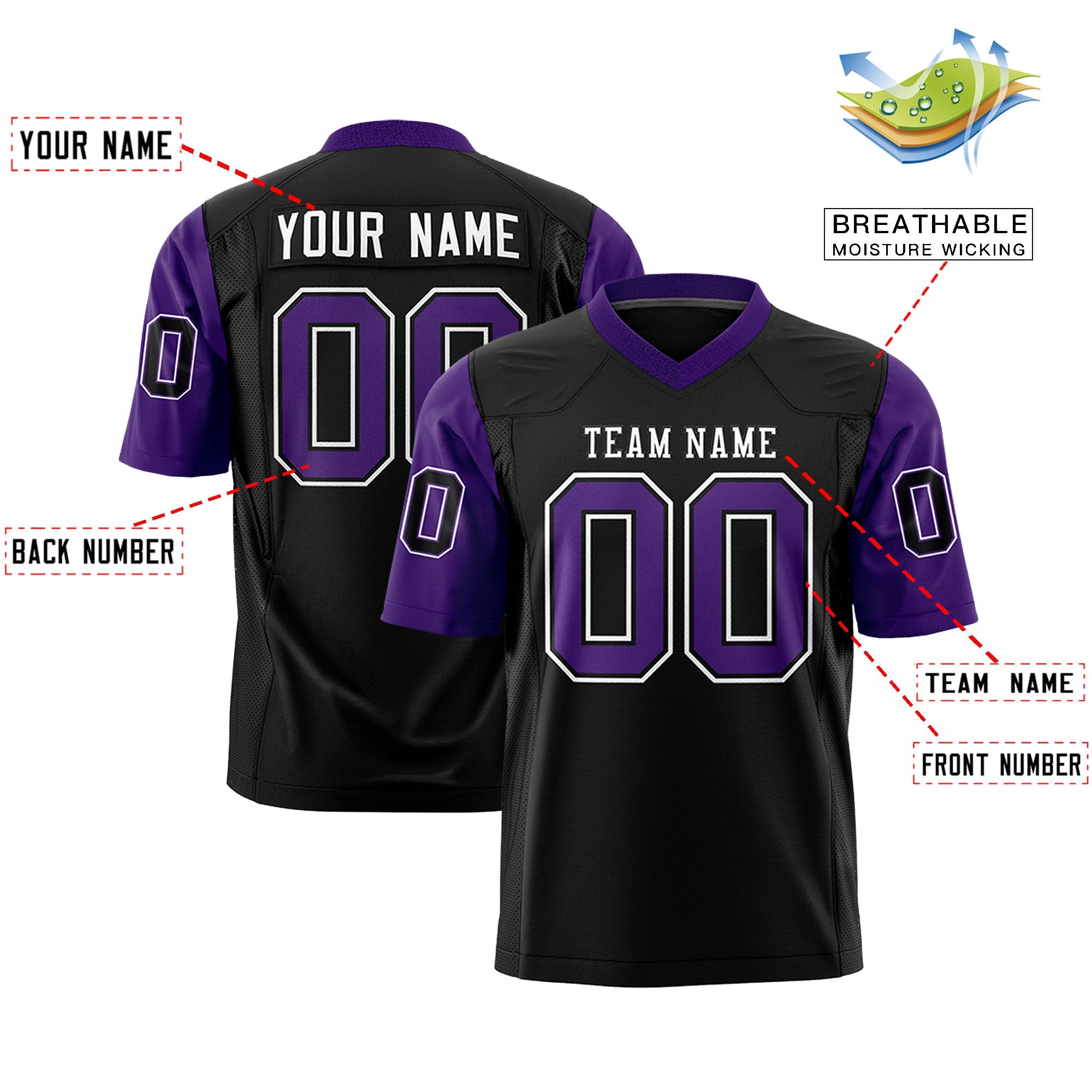 Custom Black Purple Personalized Raglan Sleeves Design Authentic Football Jersey