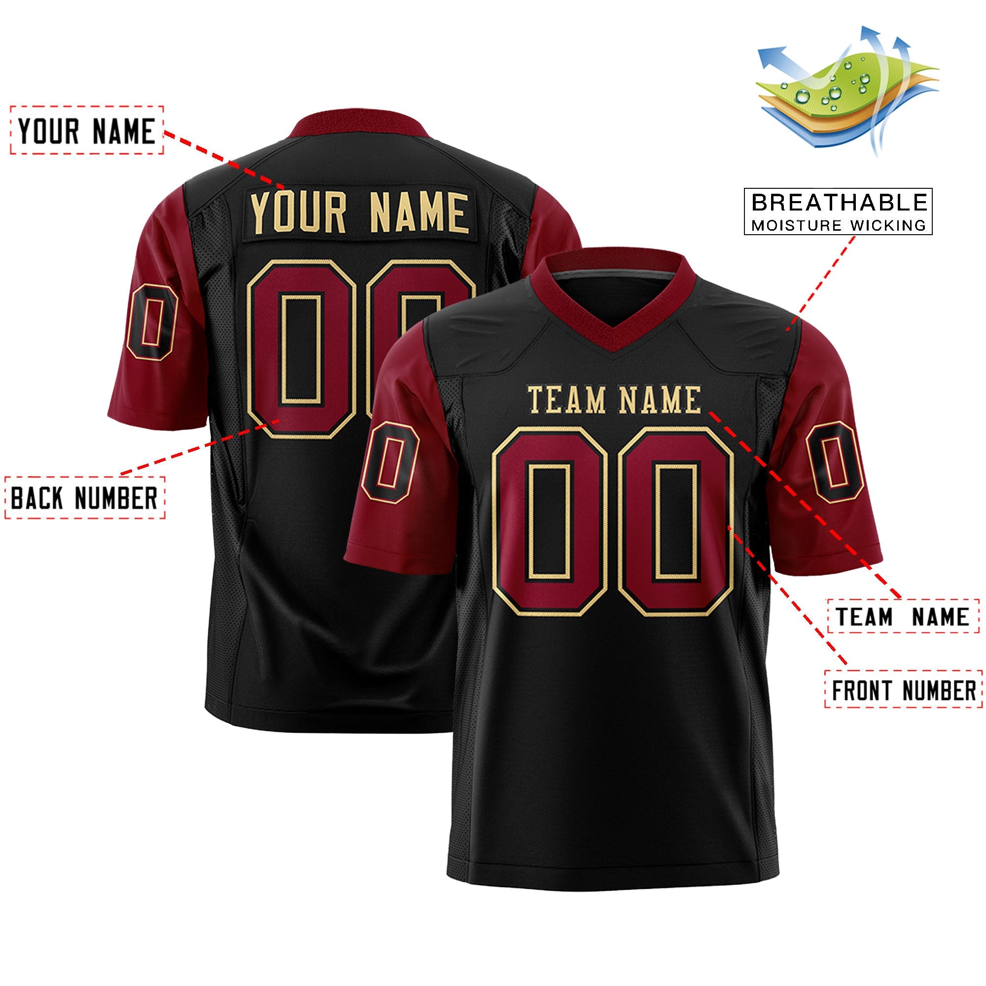 Custom Black Crimson Personalized Raglan Sleeves Design Authentic Football Jersey