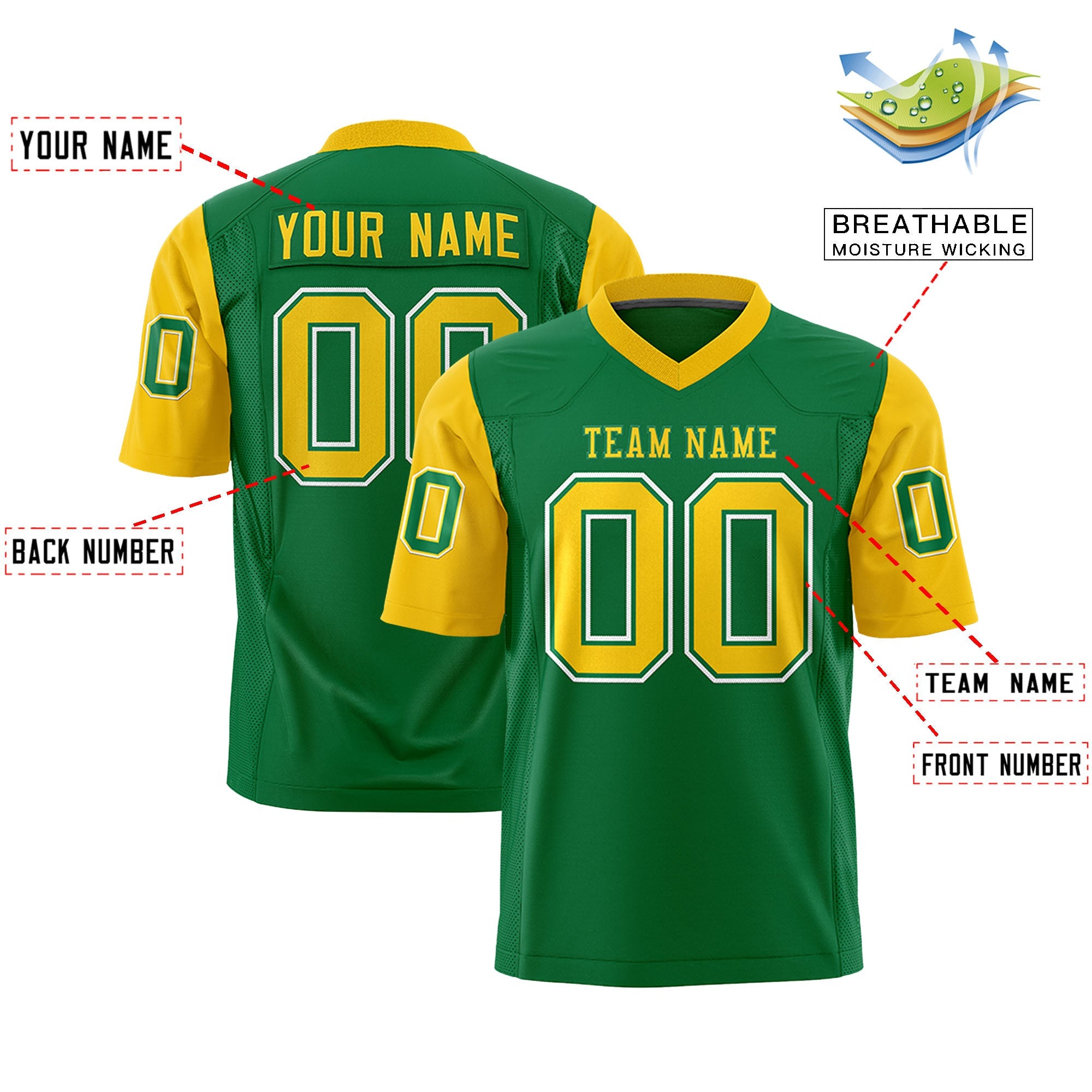 Custom Kelly Green Gold Personalized Raglan Sleeves Design Authentic Football Jersey