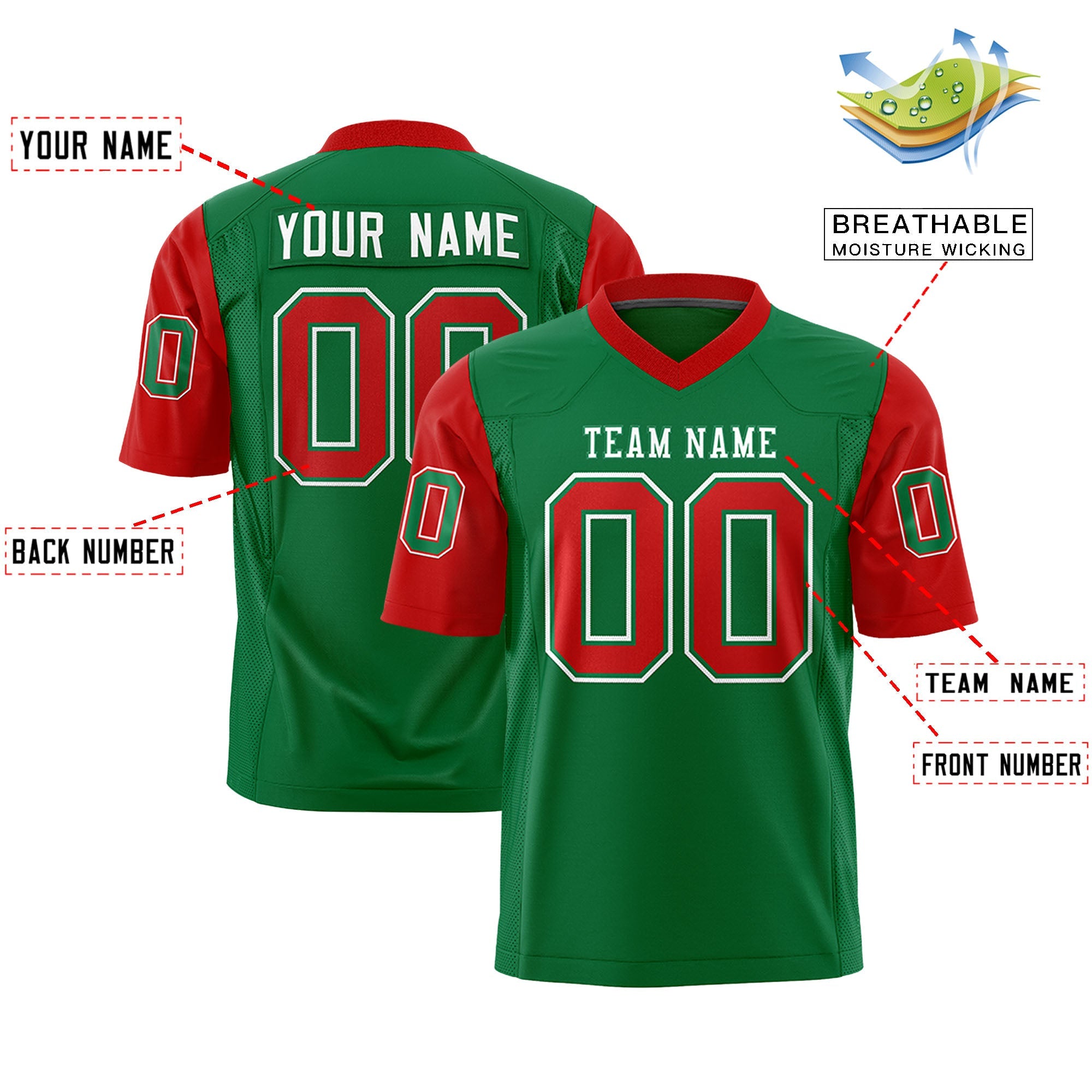 Custom Kelly Green Red Personalized Raglan Sleeves Design Authentic Football Jersey