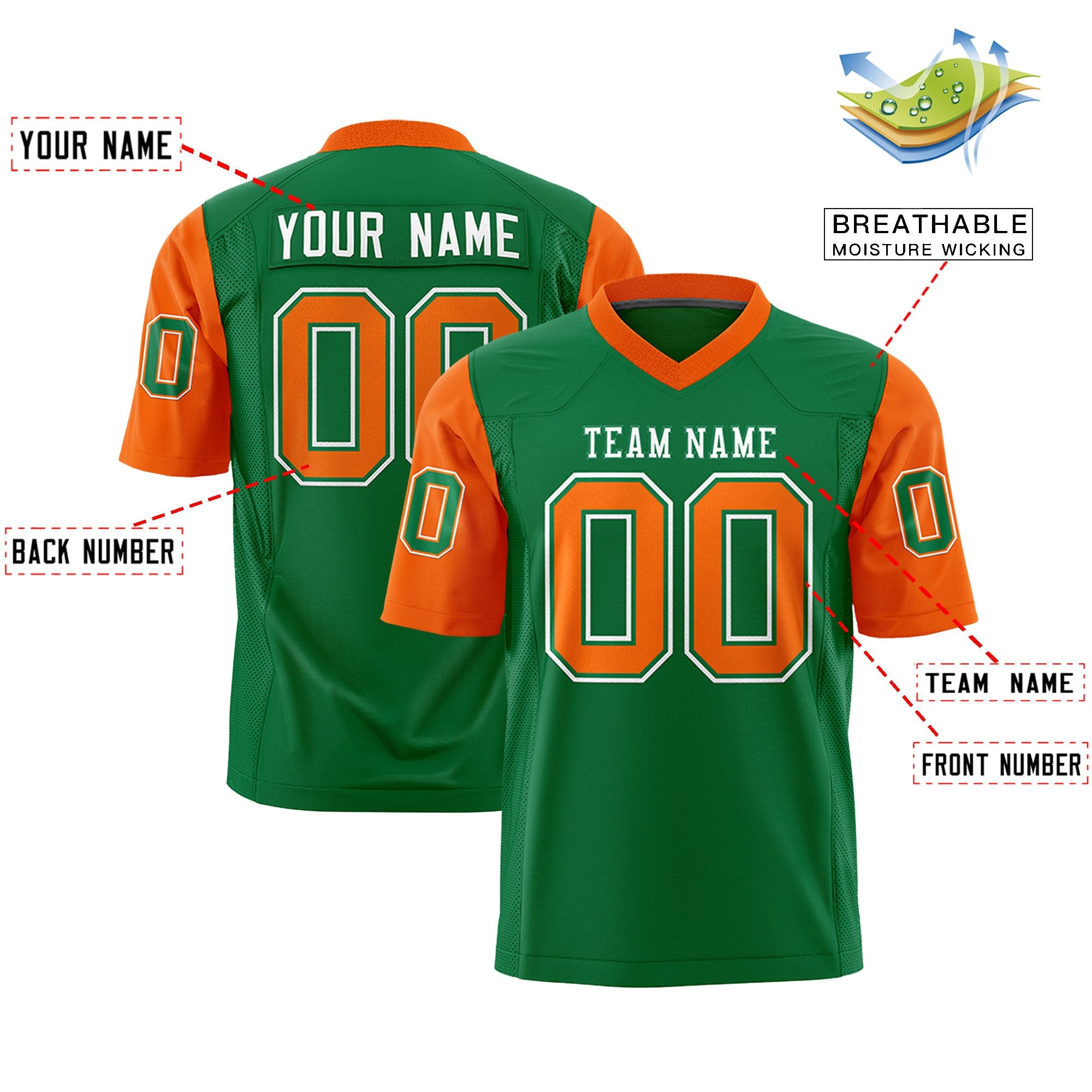 Custom Kelly Green Orange Personalized Raglan Sleeves Design Authentic Football Jersey