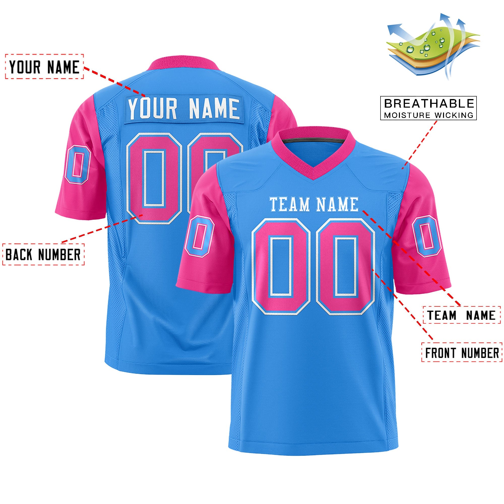 Custom Powder Blue Pink Personalized Raglan Sleeves Design Authentic Football Jersey