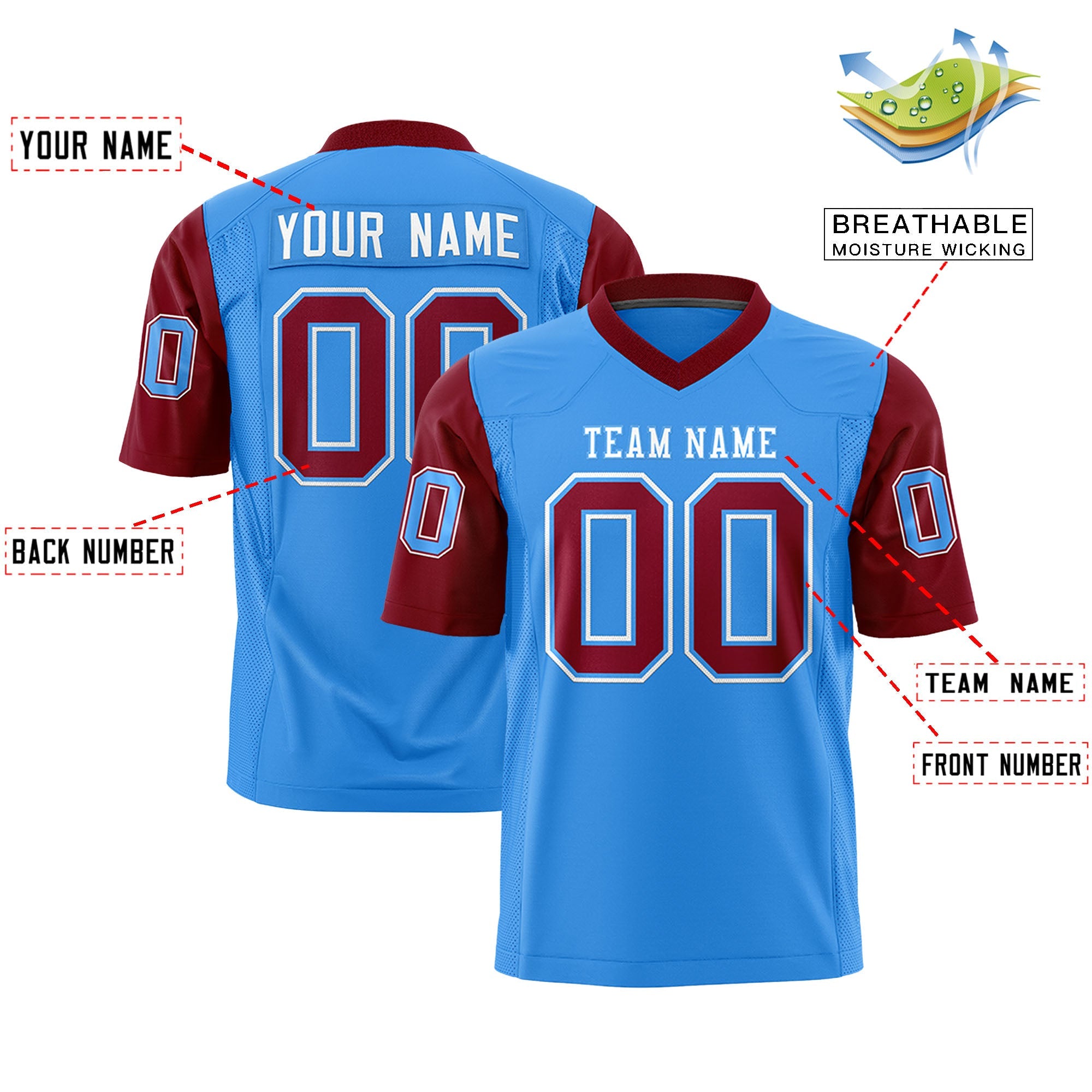 Custom Powder Blue Crimson Personalized Raglan Sleeves Design Authentic Football Jersey