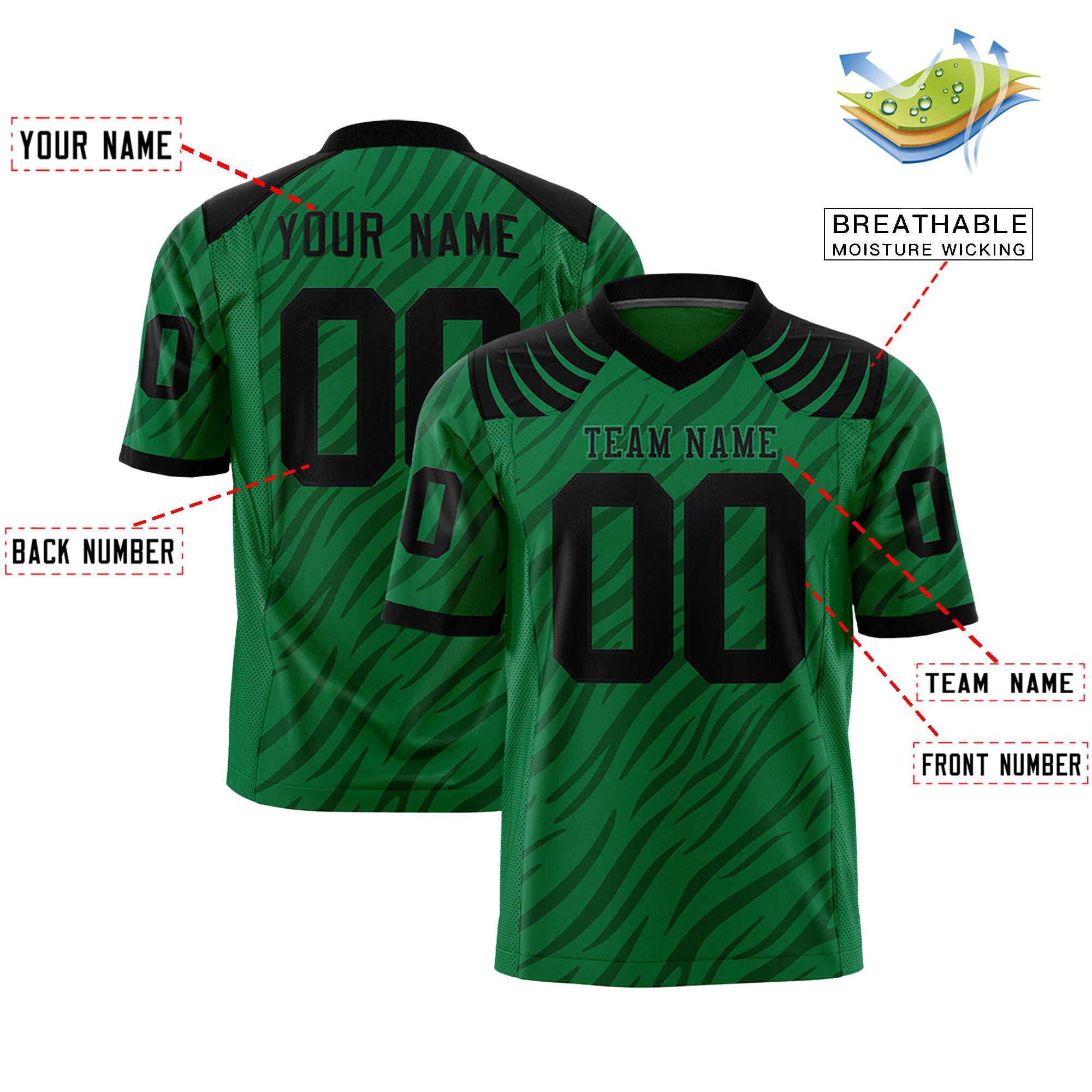 Custom Kelly Green Black Personalized Tiger Stripe Graffiti Pattern Authentic Football Jersey