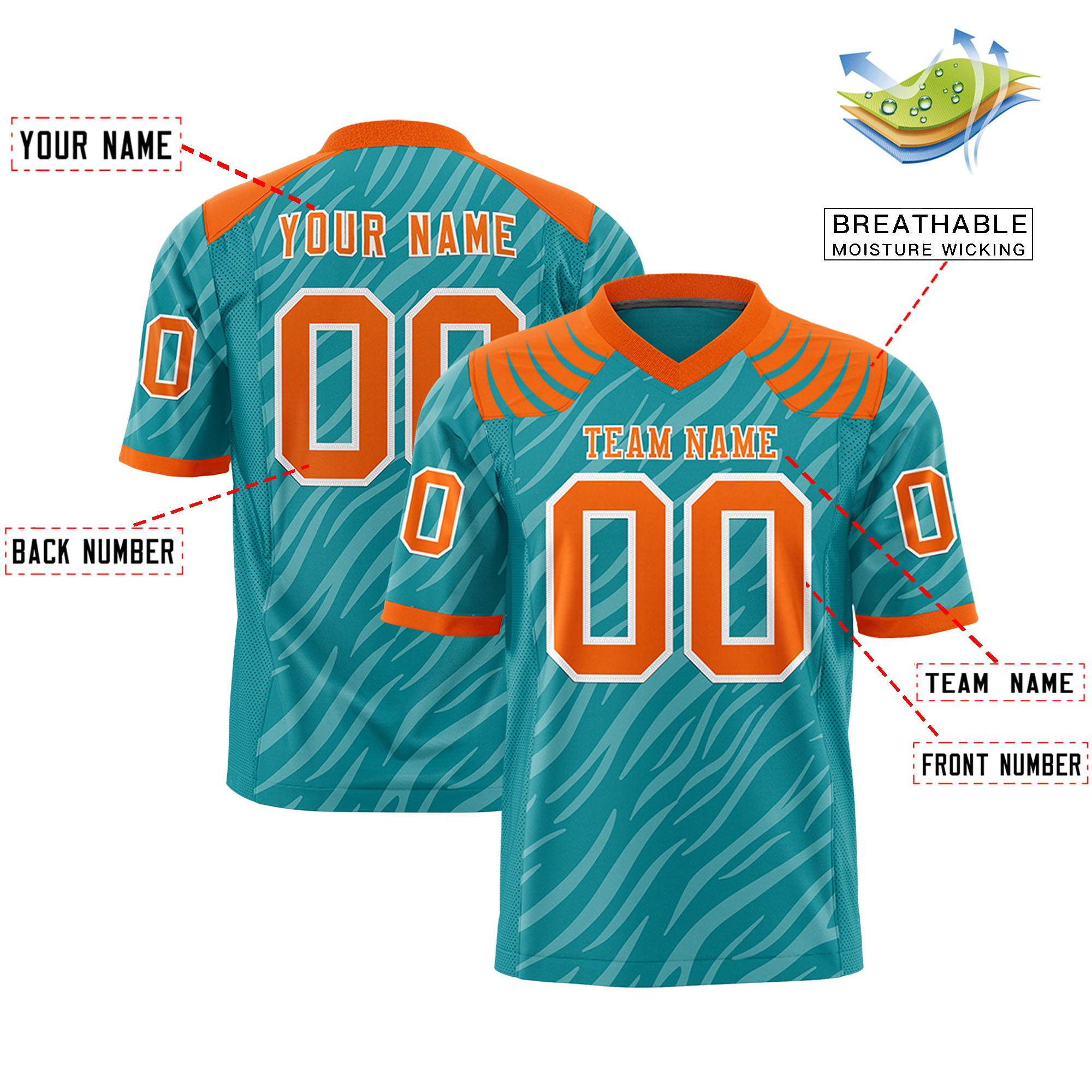 Custom Aqua White Personalized Tiger Stripe Graffiti Pattern Authentic Football Jersey