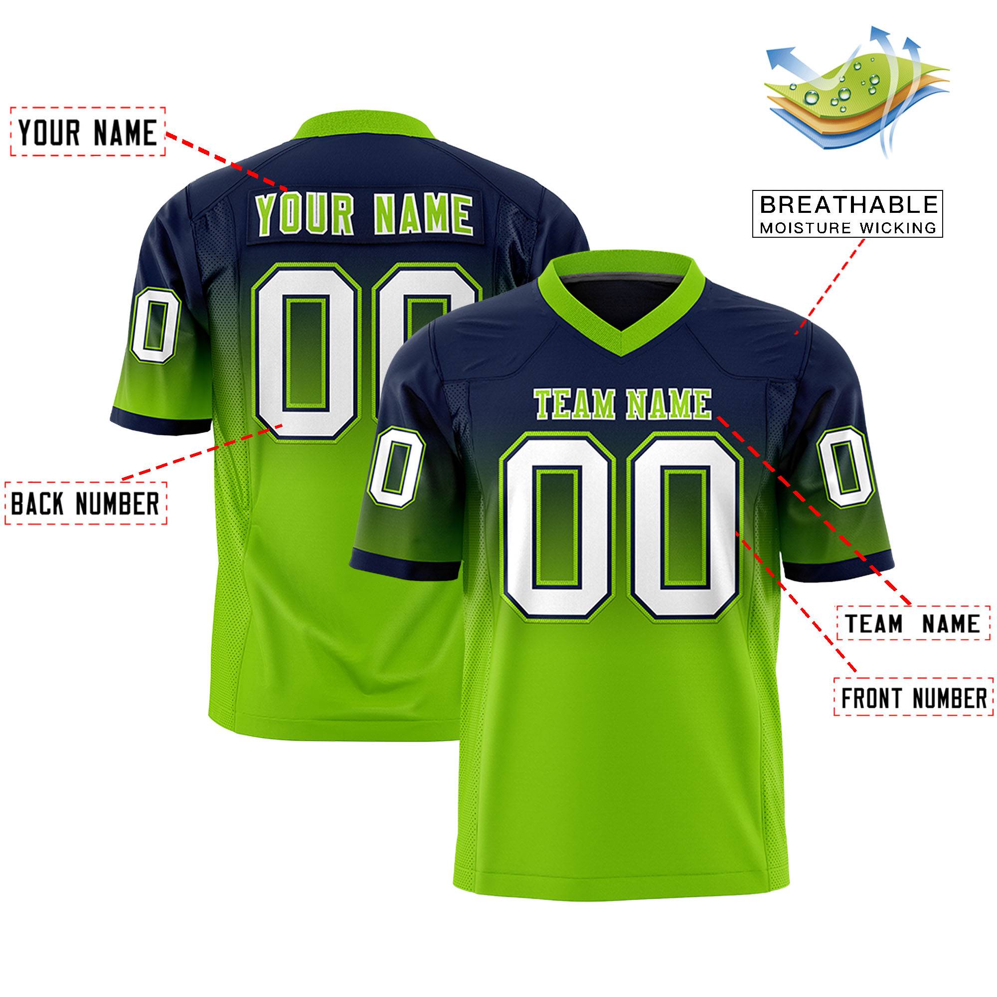 Custom Navy Neon Green Gradient Fashion Personalized Authentic Football Jersey