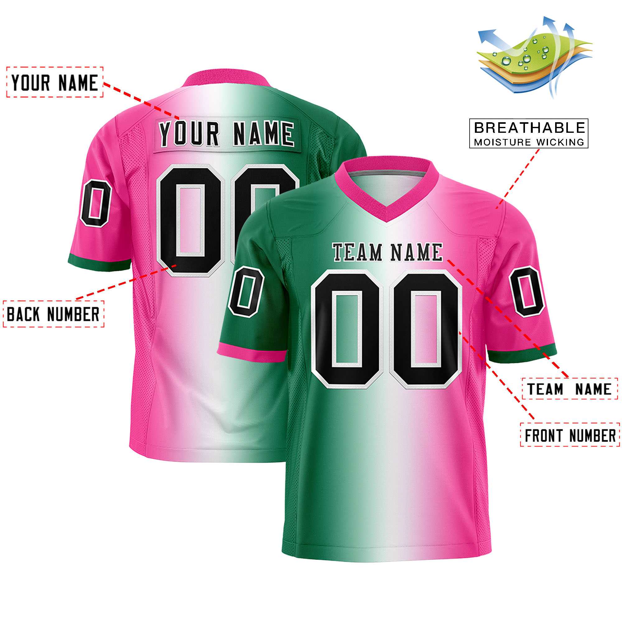 Custom Kelly Green White-Pink Personalized Gradient Fashion Authentic Football Jersey