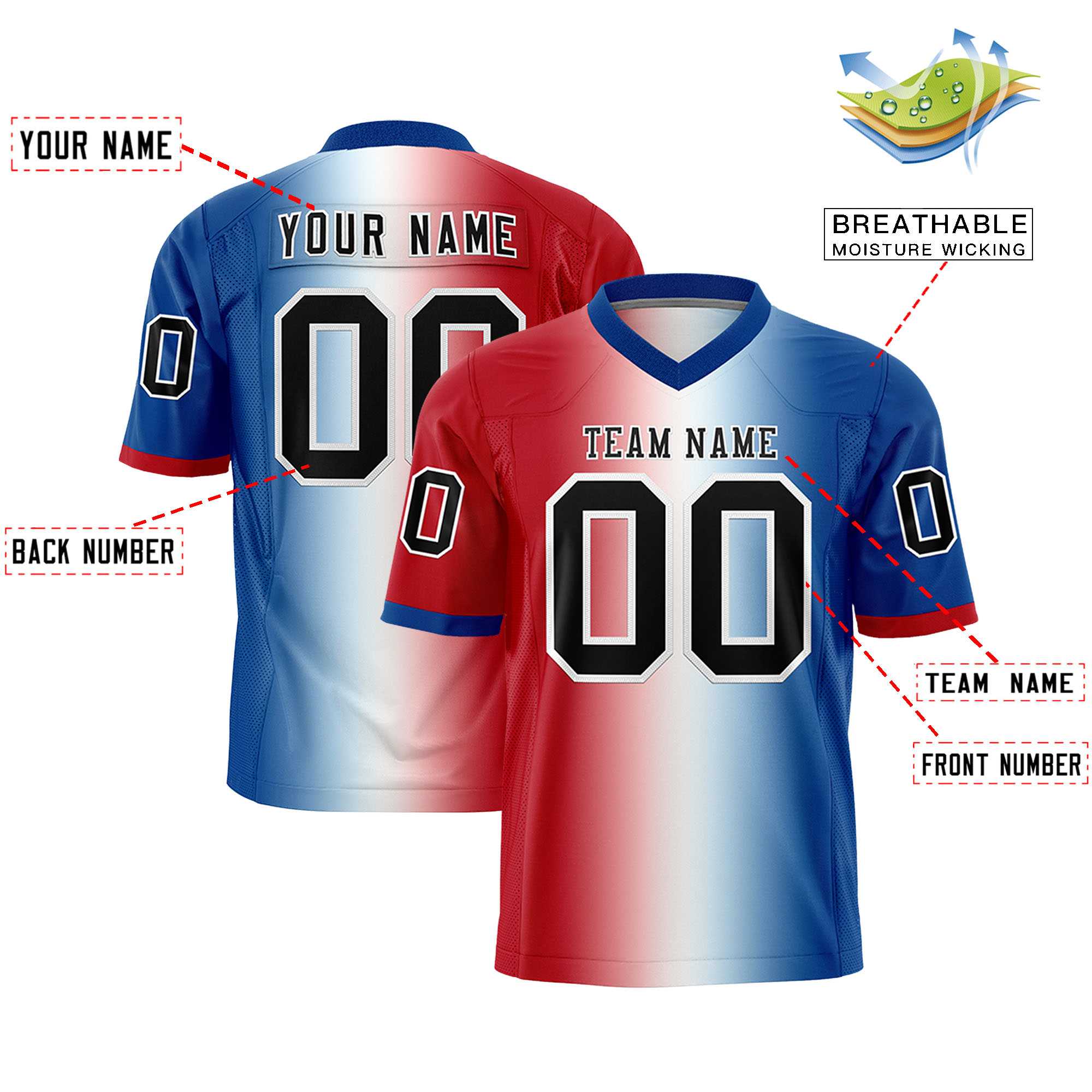 Custom Red White-Royal Personalized Gradient Fashion Authentic Football Jersey