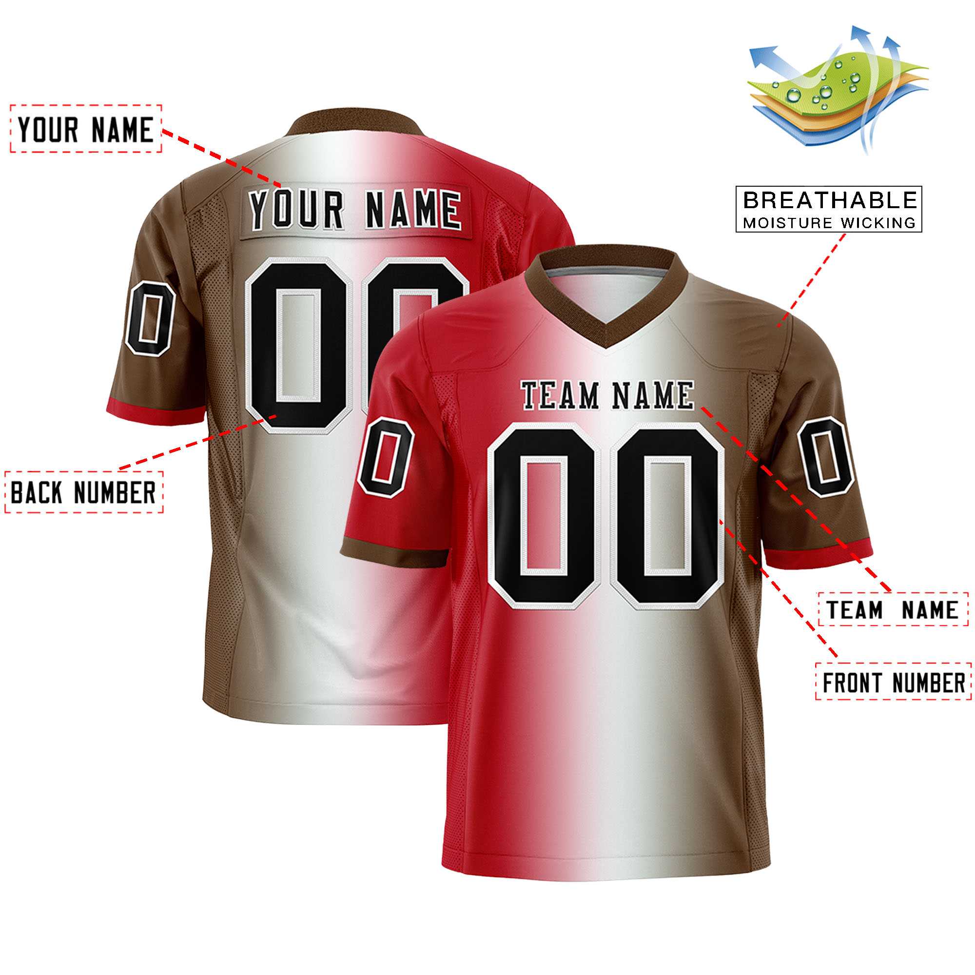 Custom Red White-Light Brown Personalized Gradient Fashion Authentic Football Jersey