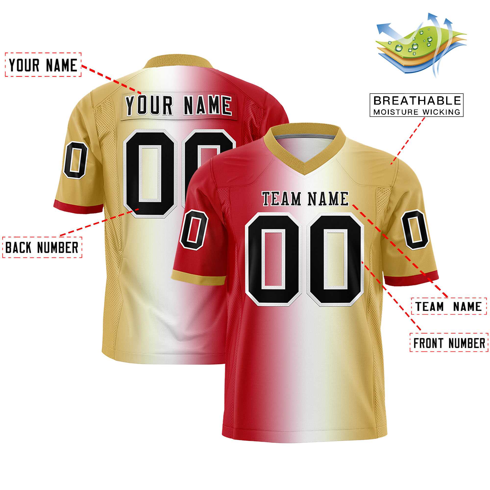 Custom Red White-Old Gold Personalized Gradient Fashion Authentic Football Jersey