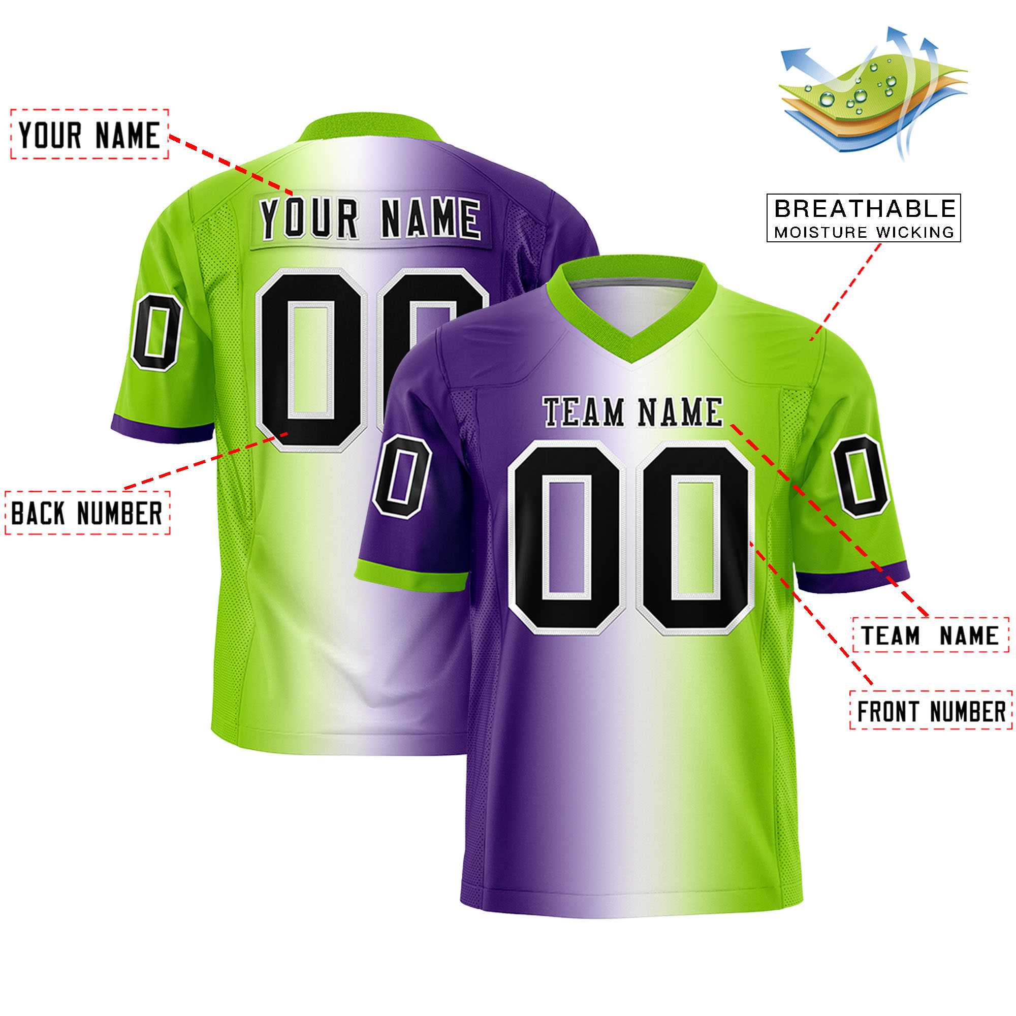 Custom Purple White-Neon Green Personalized Gradient Fashion Authentic Football Jersey